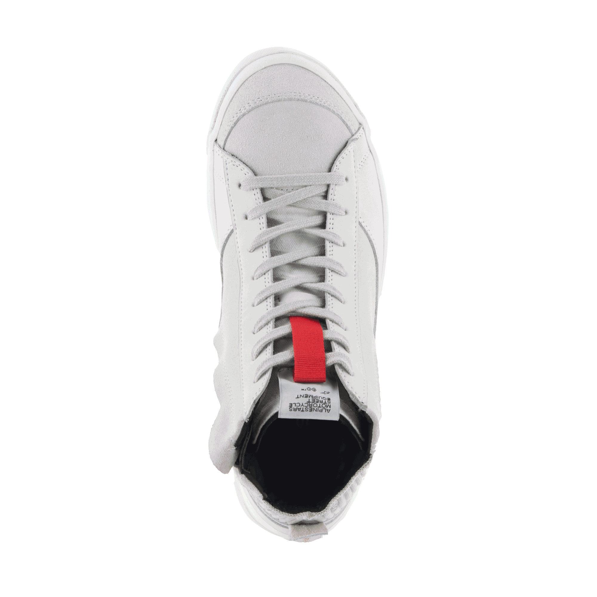 Alpinestars Stated schoenen, urban motorschoenen, White Cool Gray, bovenaanzicht met suède neus en klassieke vetersluiting, met een rood accent op de tong, retro op skate geïnspireerd motorsneaker ontwerp