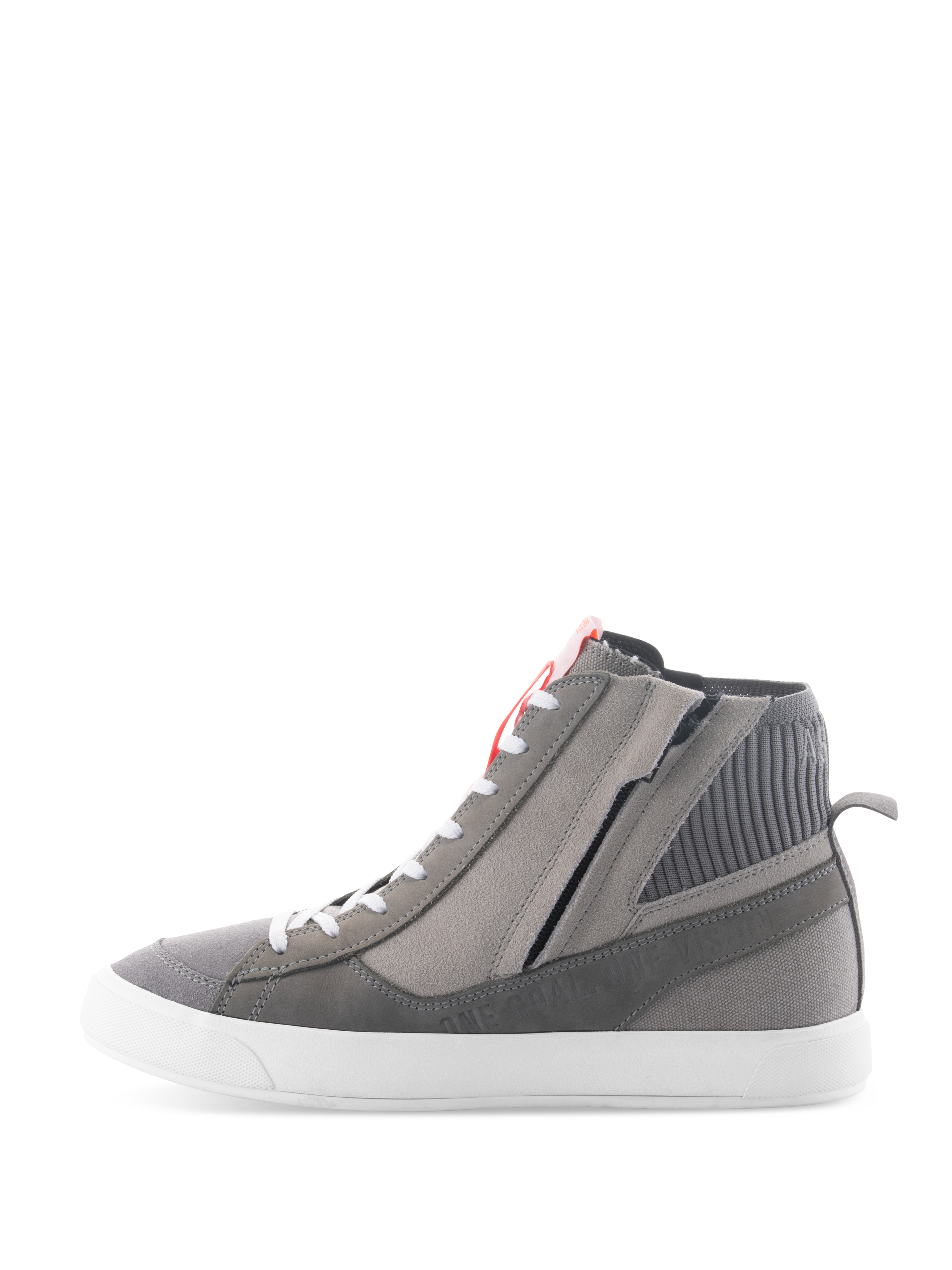 Alpinestars Stated Schoenen, urban motorschoenen in lichtgrijs, fluo rood en wit, hoog retro sneakerontwerp met bovenwerk van grijs suède en canvas, zijritssluiting en witte gevulkaniseerde zool