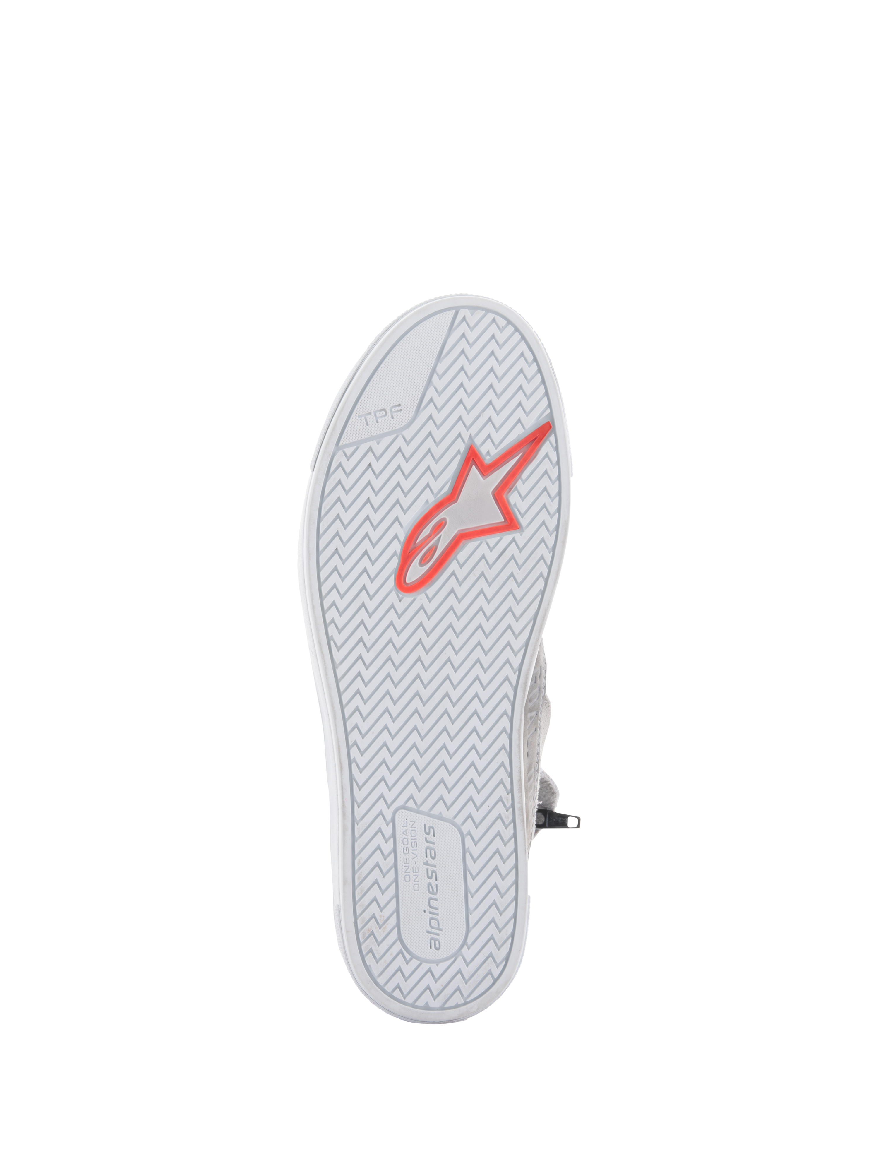 Alpinestars Stated Shoes, urban motorrijdschoenen, lichtgrijs en wit, onderaanzicht van de gevulkaniseerde rubberen zool met een fluo rood sterlogo, visgraatprofiel voor grip, TPF-markering en Alpinestars branding op de hiel