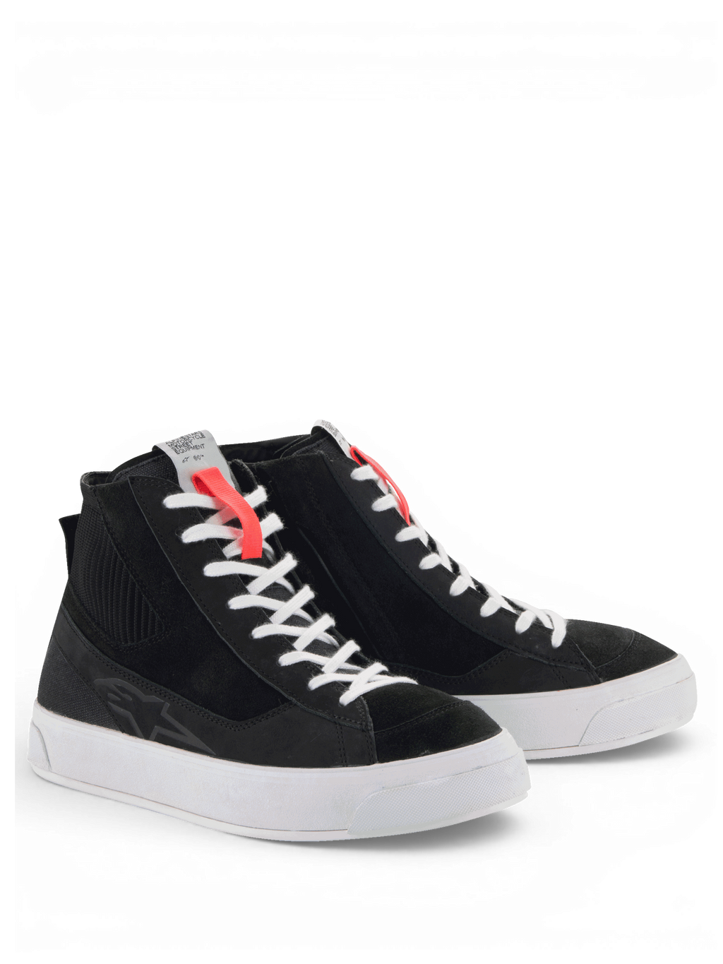 Alpinestars Stella Stated Podium Schoenen, zwarte urban motorlaarzen voor dames, skate-stijl met witte zool, CE-gecertificeerd.