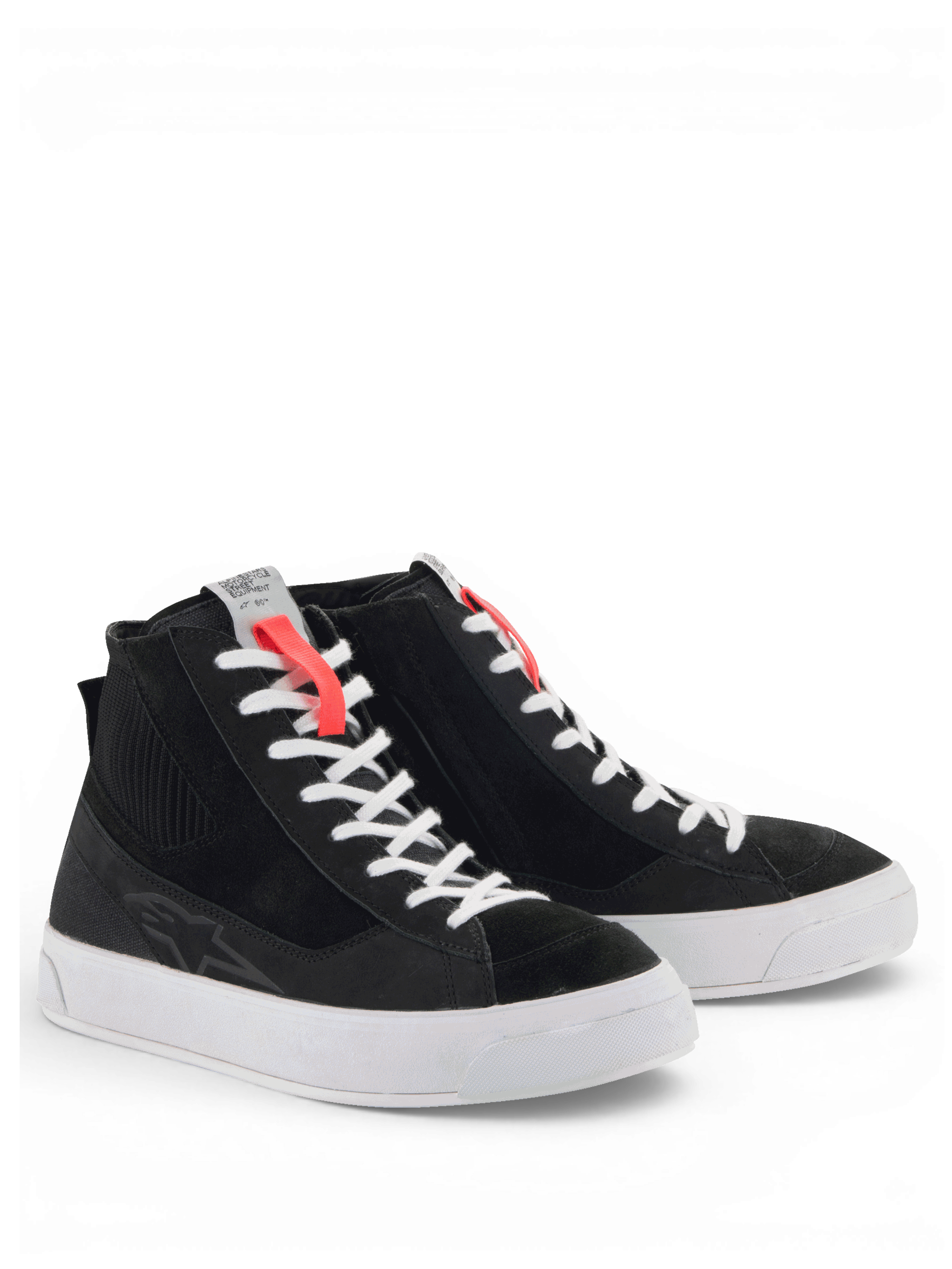 Alpinestars Stella Stated Podium Schoenen, zwarte urban motorlaarzen voor dames, skate-stijl met witte zool, CE-gecertificeerd.