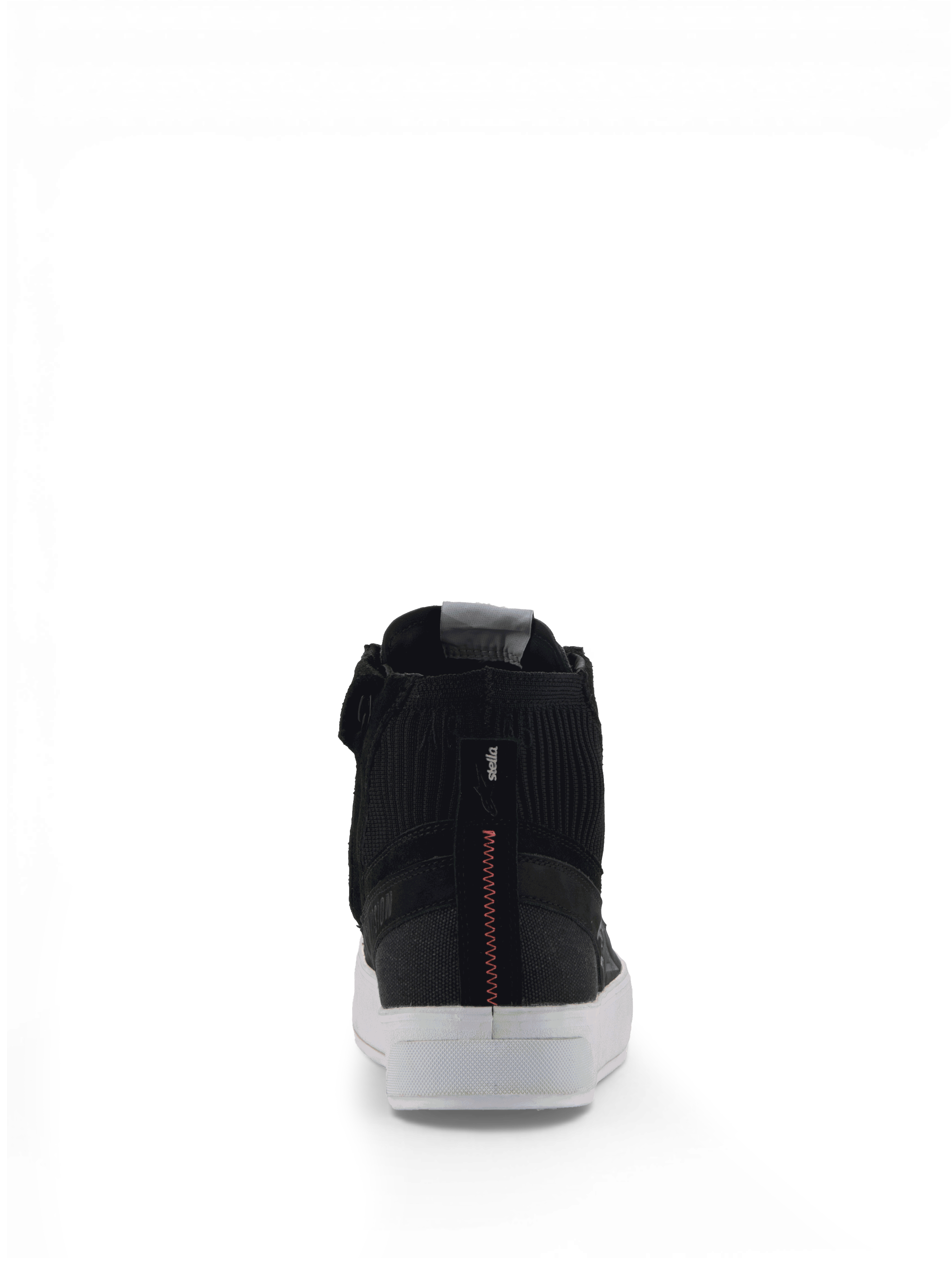 Alpinestars Stella Stated Podium schoenen, urban damesmotorlaarzen, zwart en wit met rood hielstiksel, achteraanzicht.