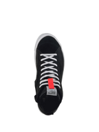 Alpinestars Stella Stated Podium damesmotorlaarzen, zwart en wit met rood detail, bovenaanzicht van splitsuède en canvas.