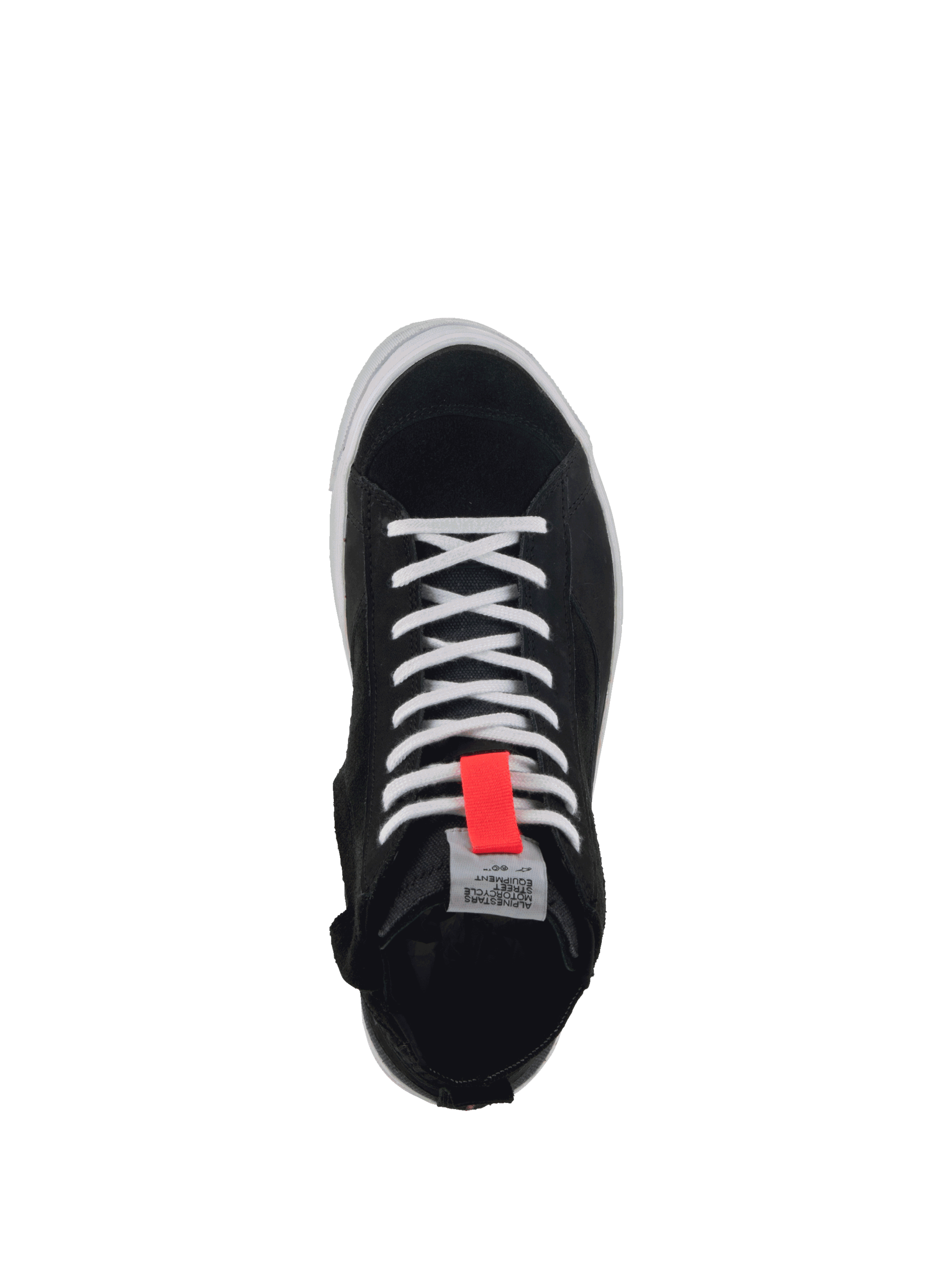 Alpinestars Stella Stated Podium damesmotorlaarzen, zwart en wit met rood detail, bovenaanzicht van splitsuède en canvas.