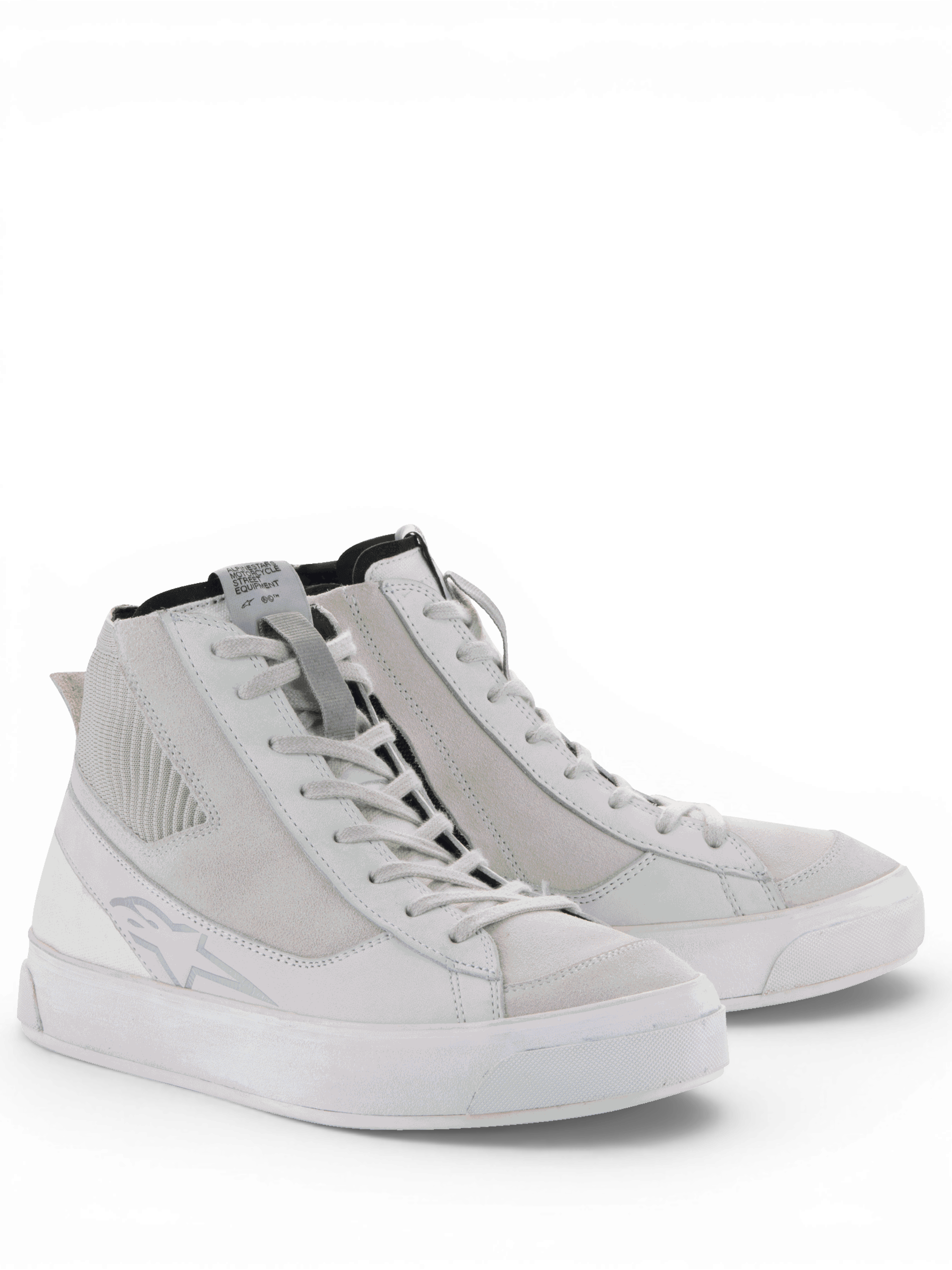 Alpinestars Stella Stated Podium Shoes, women's white and cool gray urban motorcycle riding shoes with a vulcanized sole.