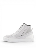 Alpinestars Stella Stated Podium Shoes, women's white and gray urban motorcycle sneakers with side zip and vulcanized sole.
