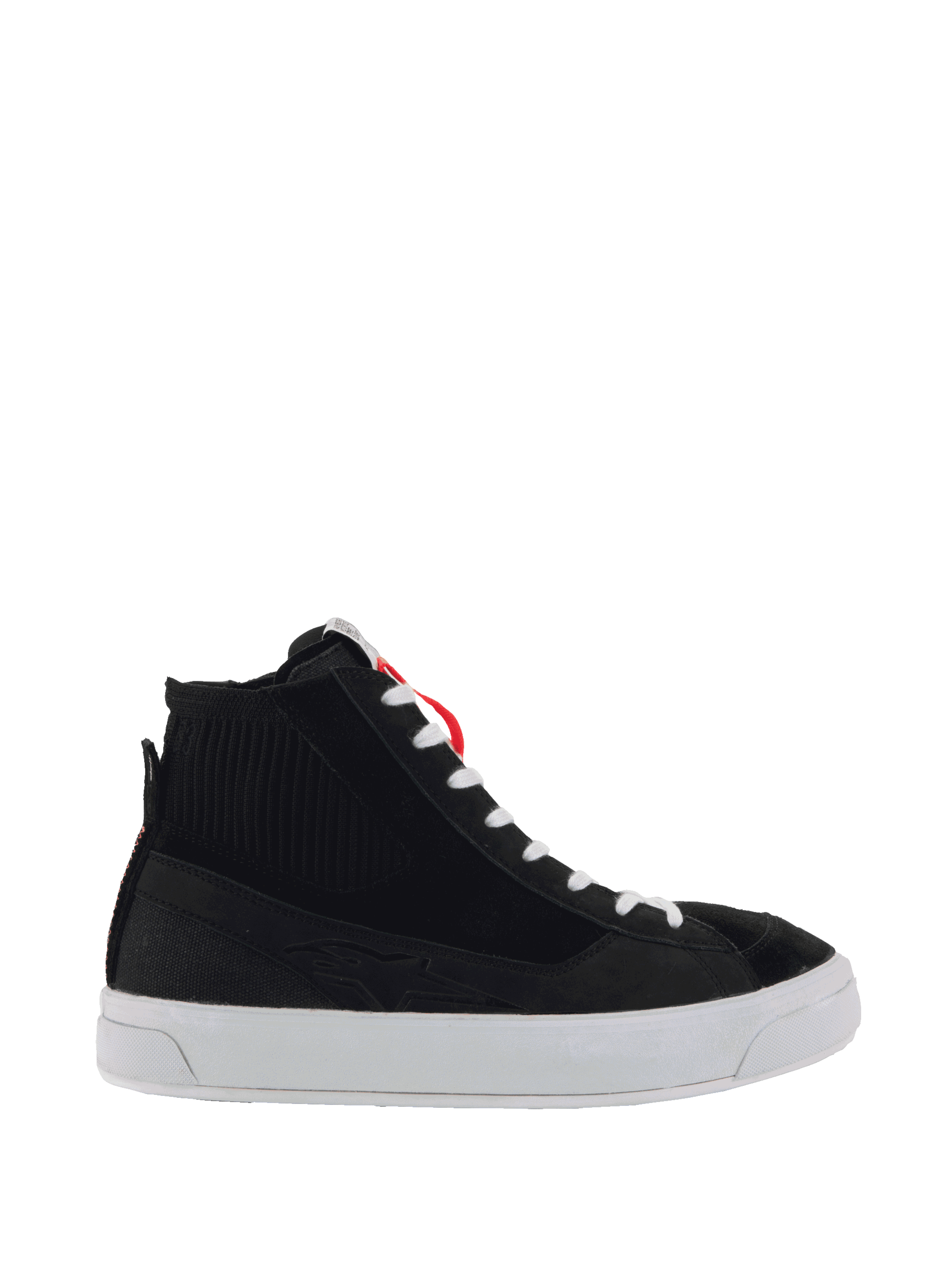 Alpinestars Stella Stated Podium schoenen, dames-motorlaarzen voor urban gebruik, zwart en wit, leer en canvas met een witte gevulkaniseerde zool.