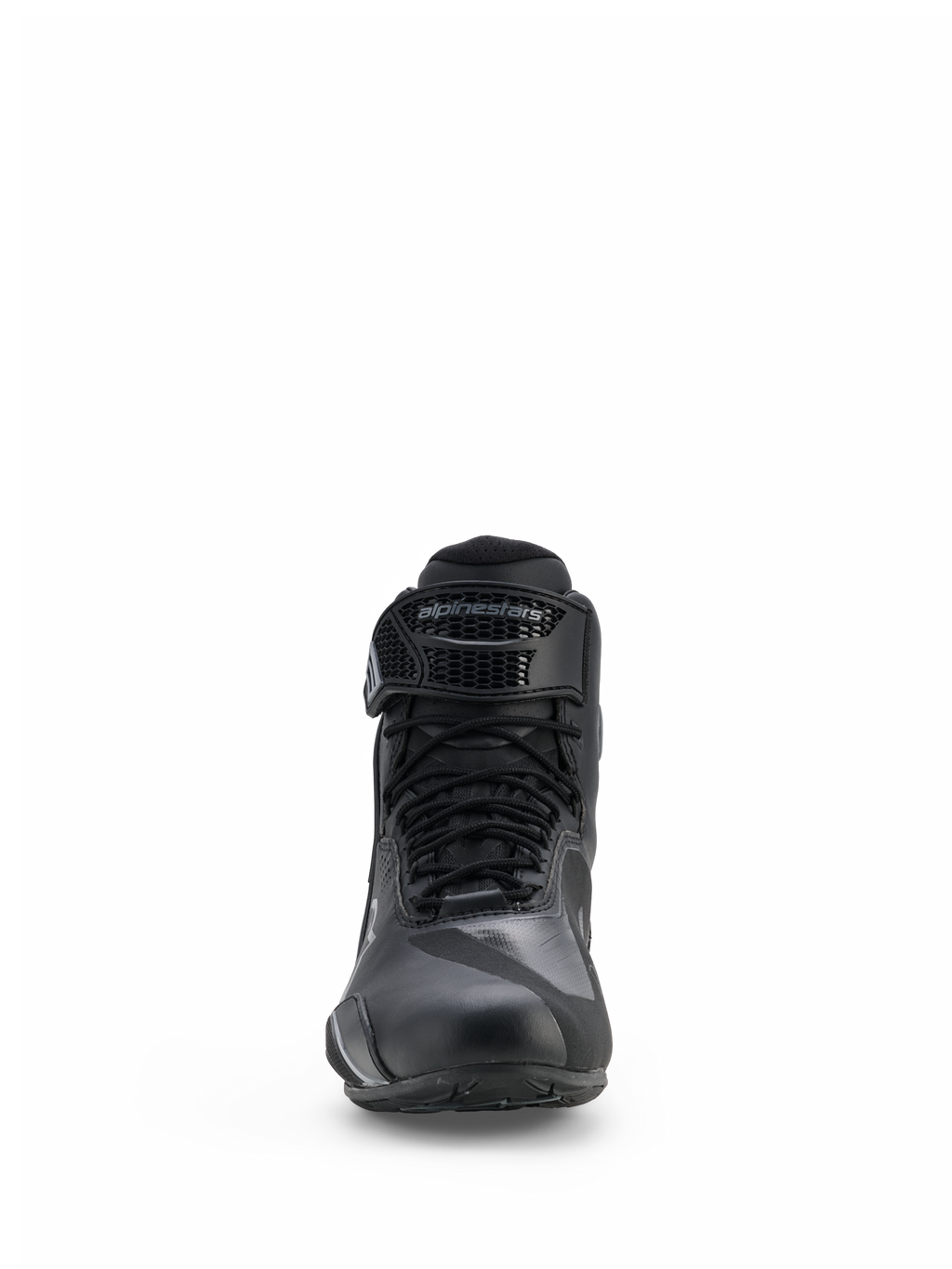 Alpinestars Faster-4 Drystar® Schoenen, motorschoenen, zwart en cool gray, vooraanzicht met vetersluiting en verstelbare klittenbandstrip met Alpinestars-logo, slank waterdicht ontwerp voor sportief rijden op de weg