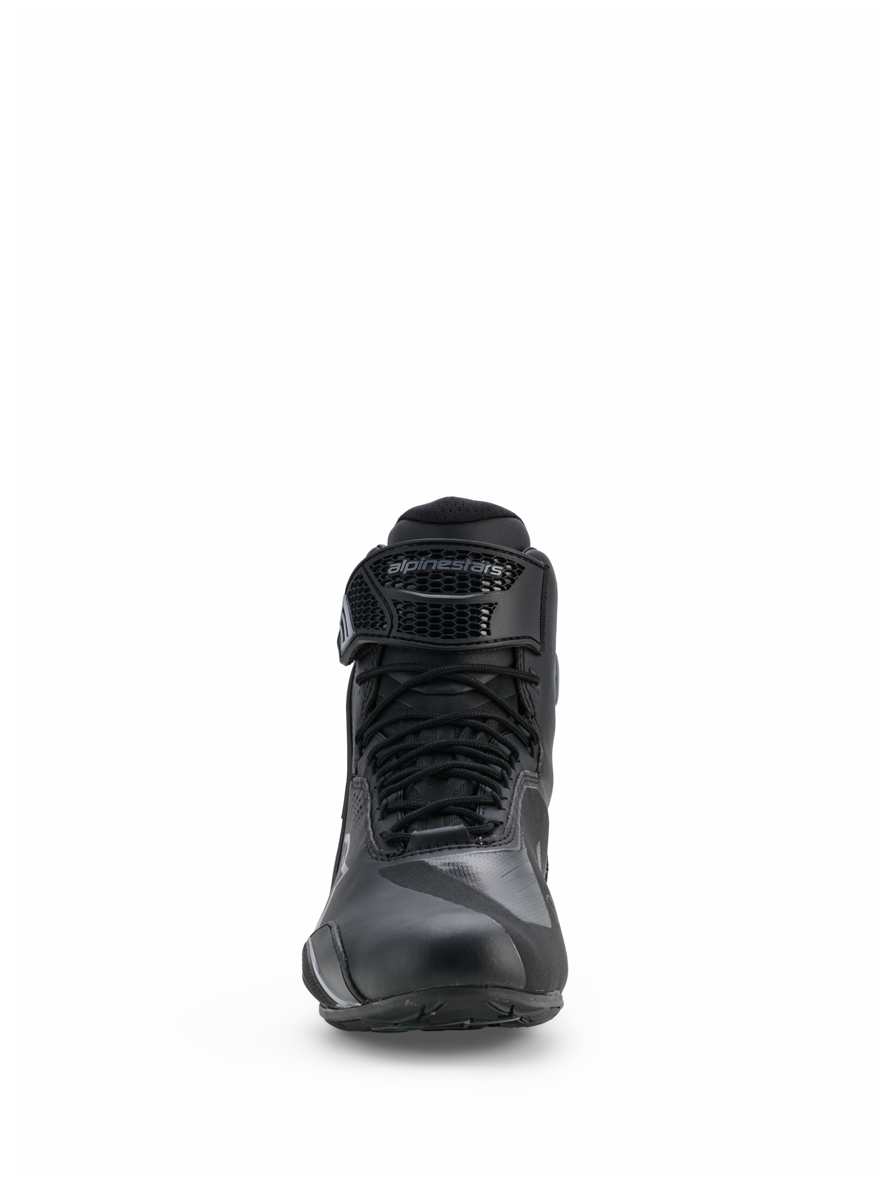 Alpinestars Faster-4 Drystar® Schoenen, motorschoenen, zwart en cool gray, vooraanzicht met vetersluiting en verstelbare klittenbandstrip met Alpinestars-logo, slank waterdicht ontwerp voor sportief rijden op de weg