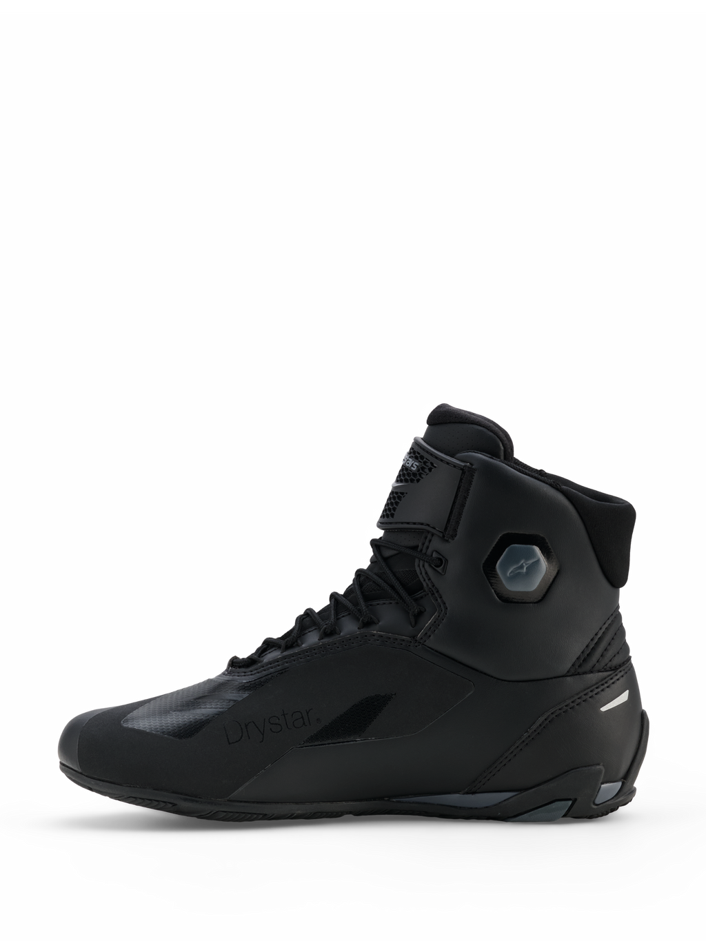 Alpinestars Faster-4 Drystar® schoenen, motorschoenen, Black Cool Gray, zijaanzicht met naadloze microvezelconstructie, waterdichte Drystar-branding, vetersluiting met enkelband en geïntegreerde beschermende enkelstructuur.