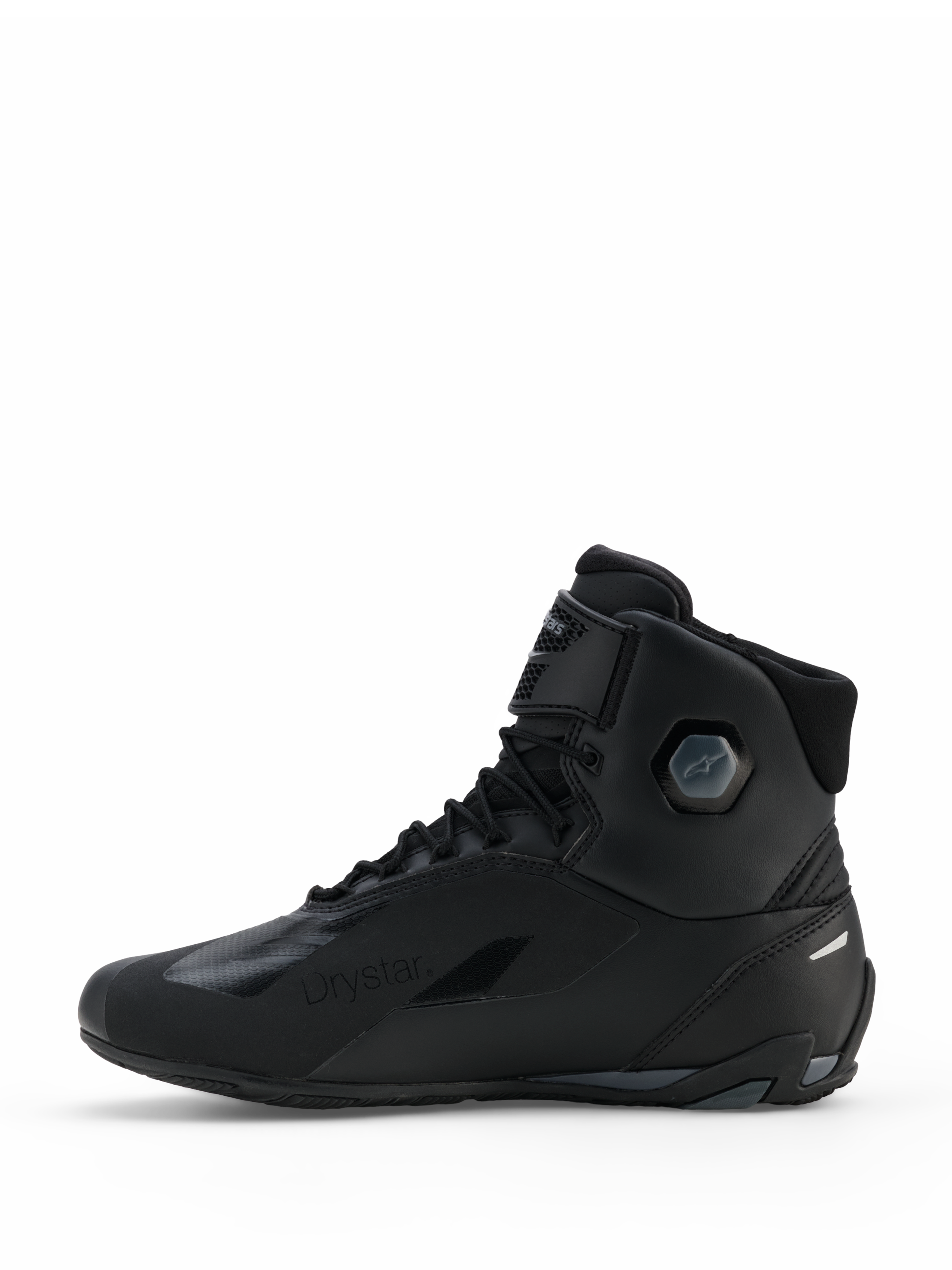 Alpinestars Faster-4 Drystar® schoenen, motorschoenen, Black Cool Gray, zijaanzicht met naadloze microvezelconstructie, waterdichte Drystar-branding, vetersluiting met enkelband en geïntegreerde beschermende enkelstructuur.
