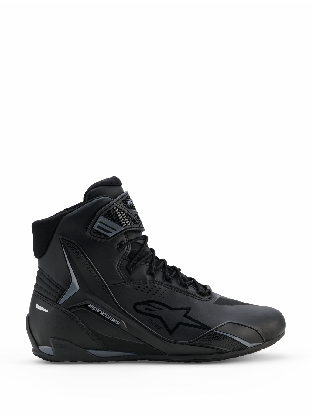 Alpinestars Faster-4 Drystar® schoenen, motorrijschoenen in zwart en Cool Gray, hoog model met vetersluiting en klittenband enkelband, voorzien van Drystar waterdichte branding en Alpinestars ster-logo, slank sportief profiel voor rijden op de weg