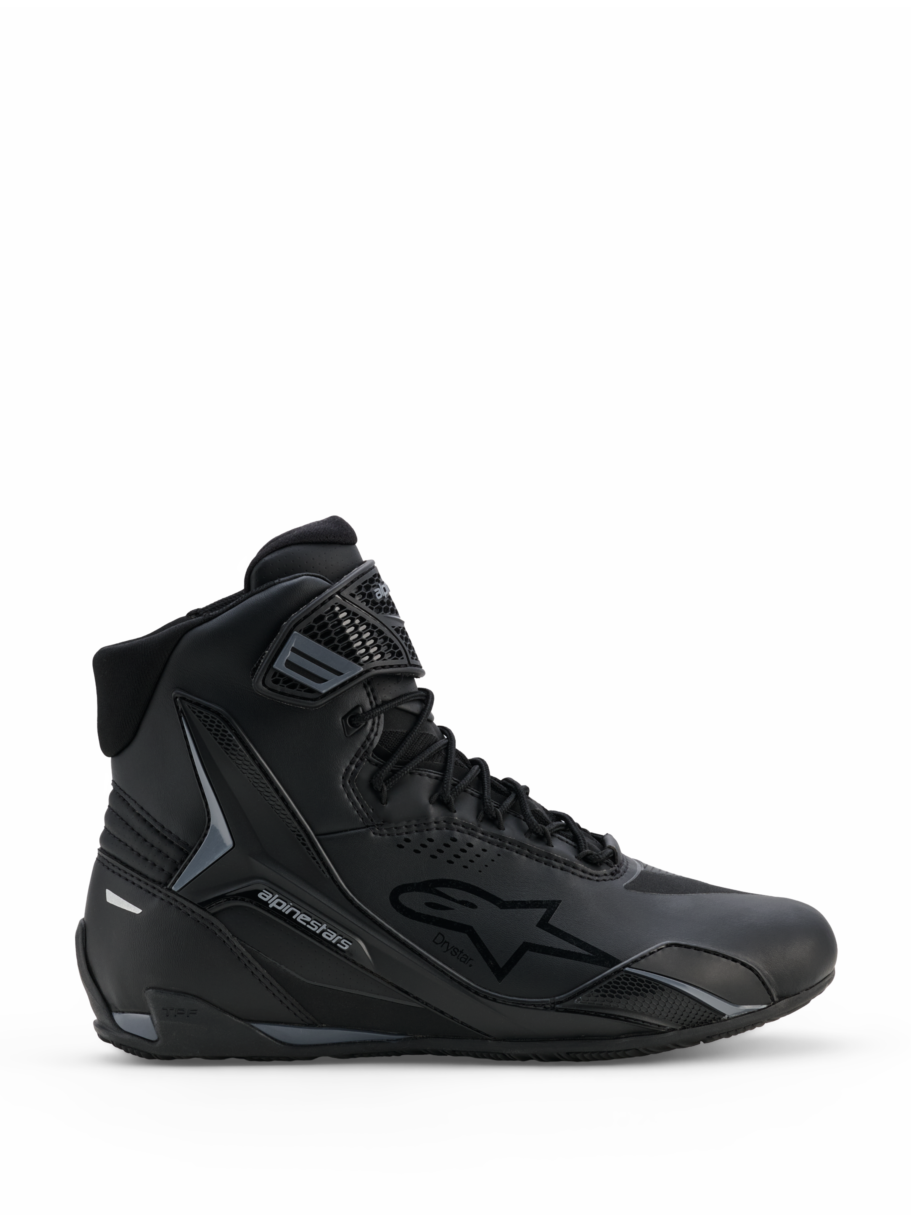 Alpinestars Faster-4 Drystar® schoenen, motorrijschoenen in zwart en Cool Gray, hoog model met vetersluiting en klittenband enkelband, voorzien van Drystar waterdichte branding en Alpinestars ster-logo, slank sportief profiel voor rijden op de weg