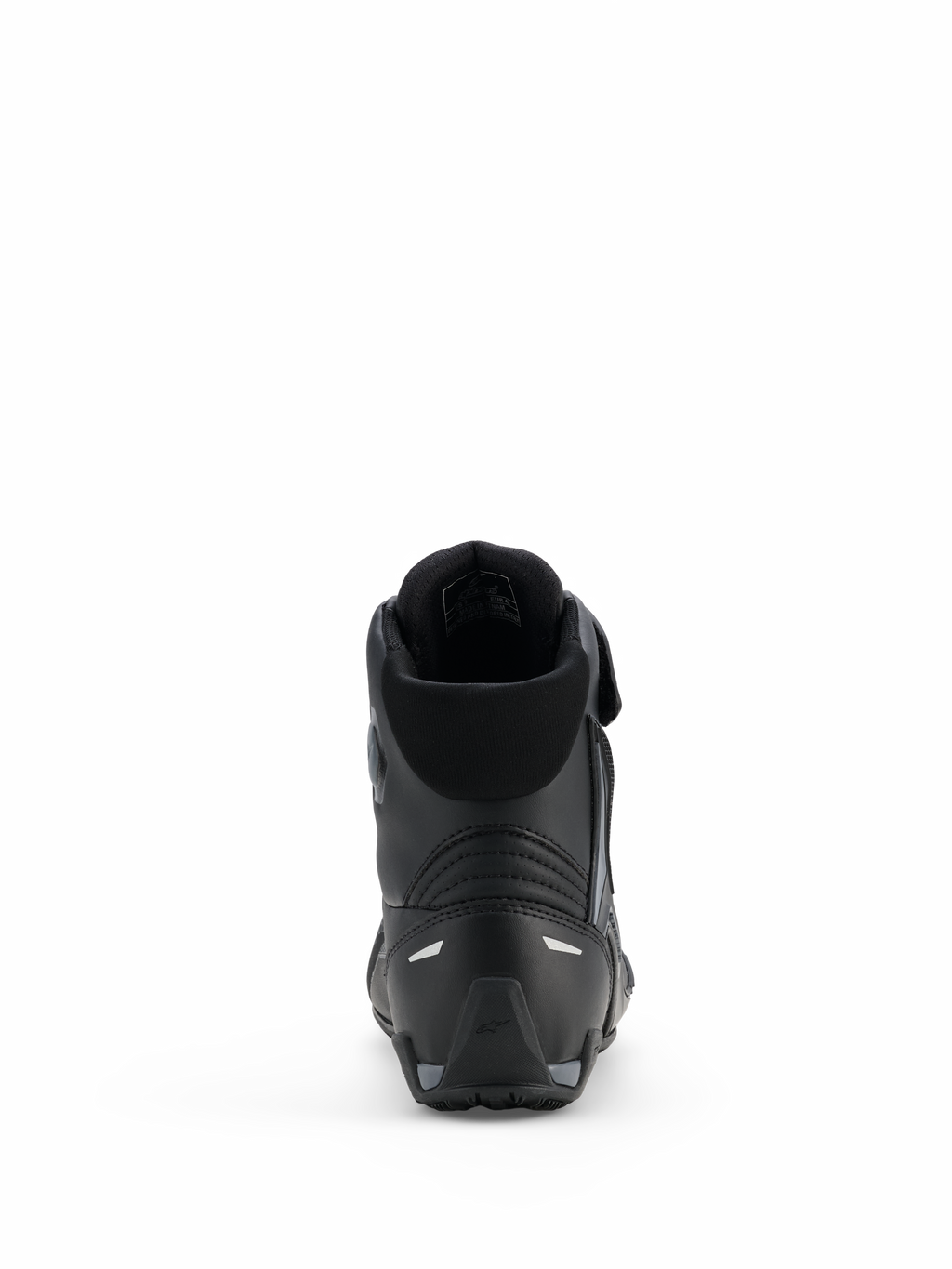 Alpinestars Faster-4 Drystar® schoenen, motorrijschoenen, Black Cool Gray, achteraanzicht met versterkte hiel, gevoerde kraag en reflecterende details, waterdichte microvezelconstructie voor sportief rijden