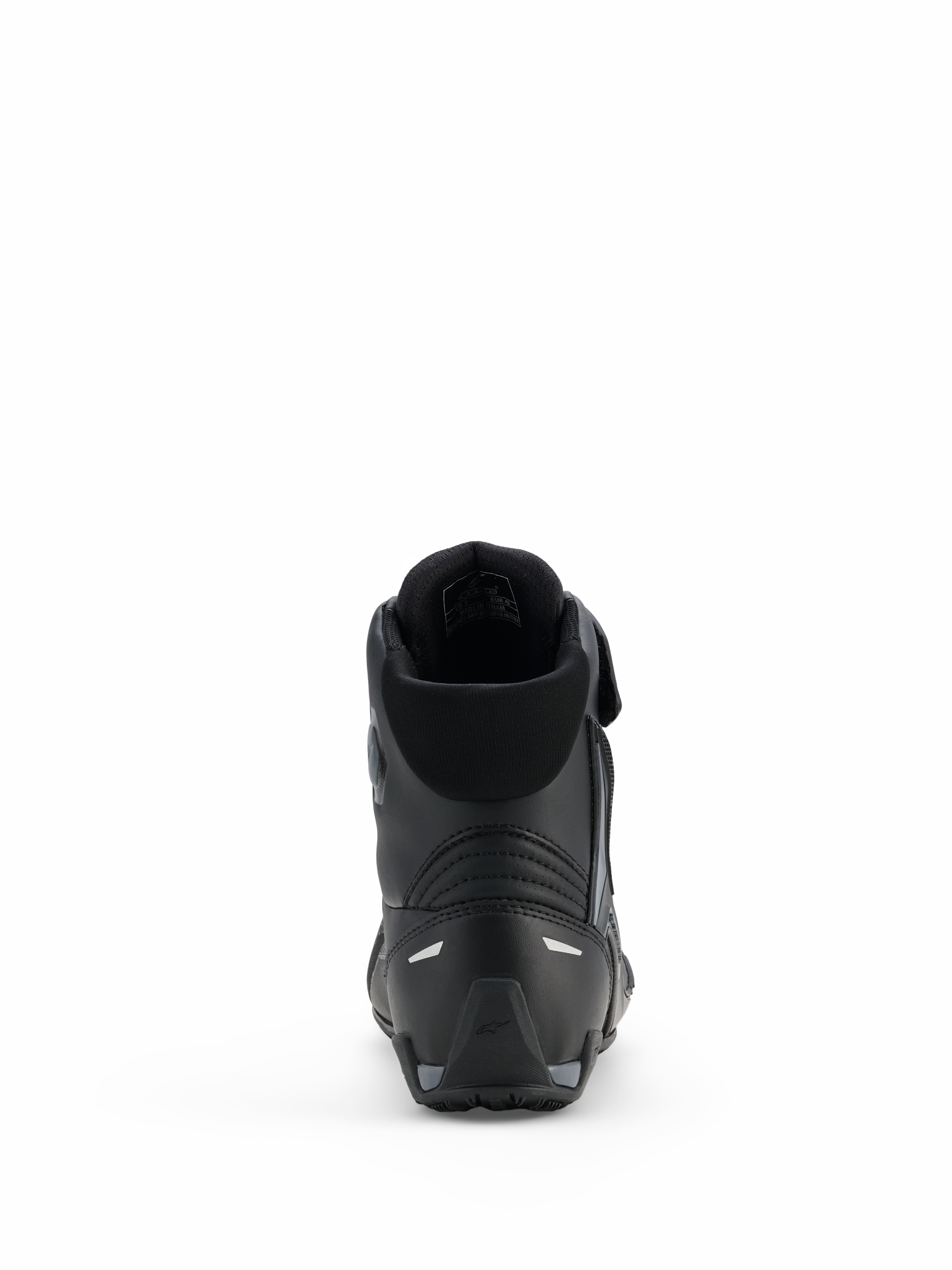 Alpinestars Faster-4 Drystar® schoenen, motorrijschoenen, Black Cool Gray, achteraanzicht met versterkte hiel, gevoerde kraag en reflecterende details, waterdichte microvezelconstructie voor sportief rijden