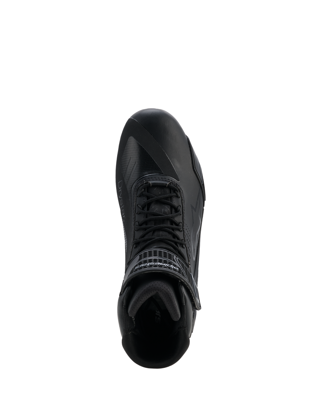 Alpinestars Faster-4 Drystar® schoenen, Black Cool Gray, bovenaanzicht van motorrijschoen, met vetersluiting en een klittenbandsluiting bij de enkel, naadloze microvezelconstructie met Drystar®-branding, gestroomlijnd sportief profiel voor beschermend rijden op de weg.
