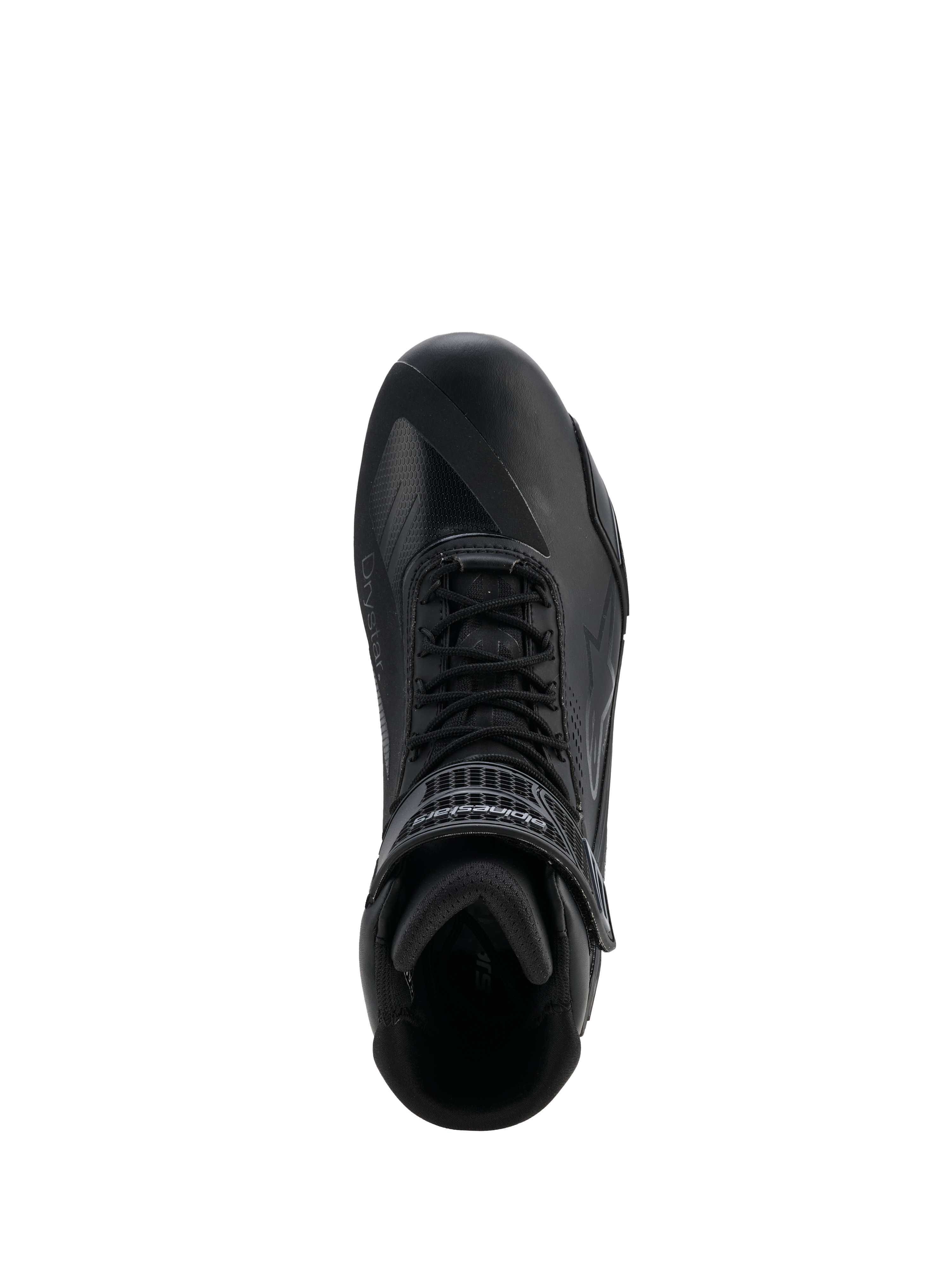 Alpinestars Faster-4 Drystar® schoenen, Black Cool Gray, bovenaanzicht van motorrijschoen, met vetersluiting en een klittenbandsluiting bij de enkel, naadloze microvezelconstructie met Drystar®-branding, gestroomlijnd sportief profiel voor beschermend rijden op de weg.
