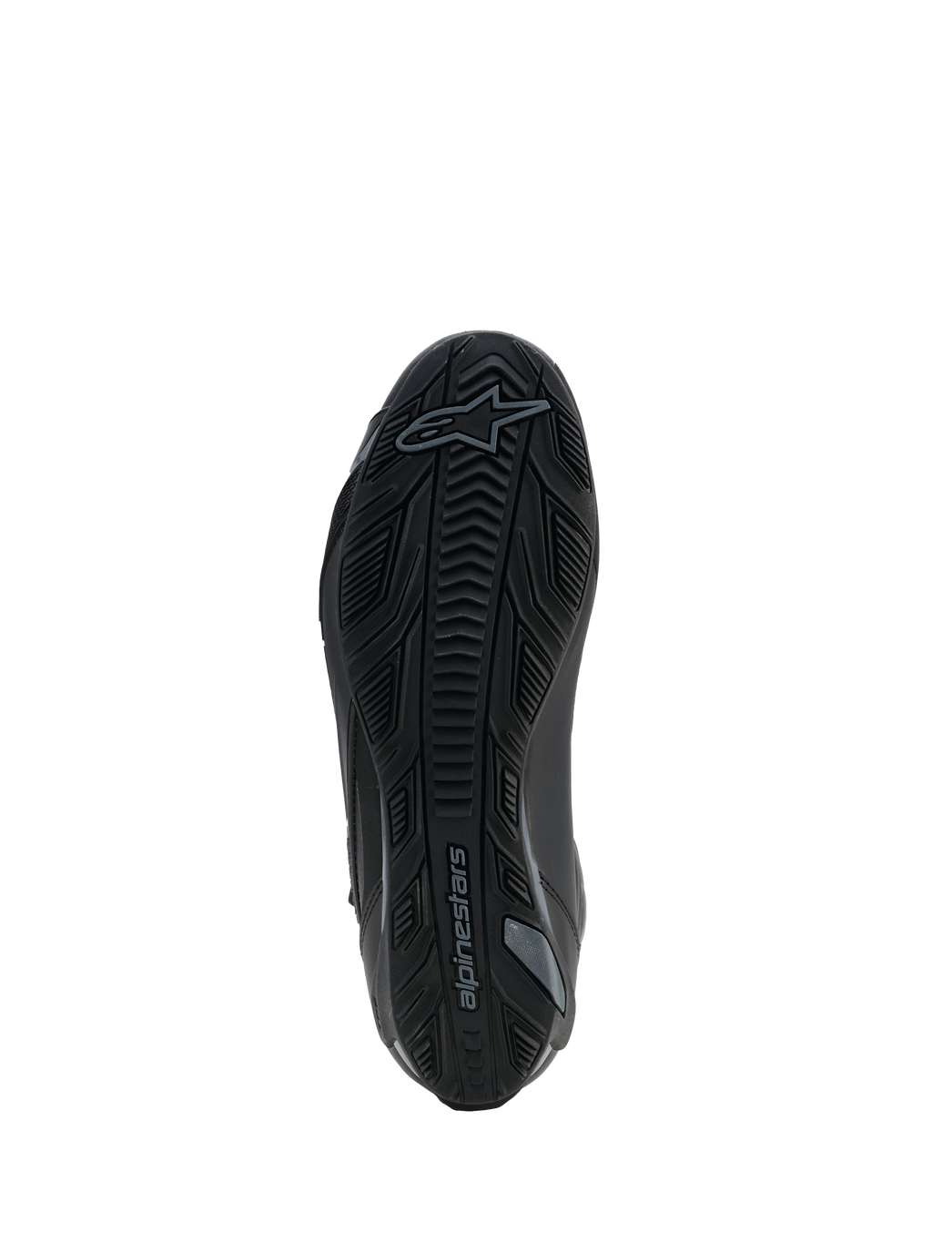 Alpinestars Faster-4 Drystar® schoenen, Black Cool Gray, onderaanzicht van de rubberen zool met textuur, grippatroon en Alpinestars-logo, verstevigd ontwerp voor stabiliteit en tractie