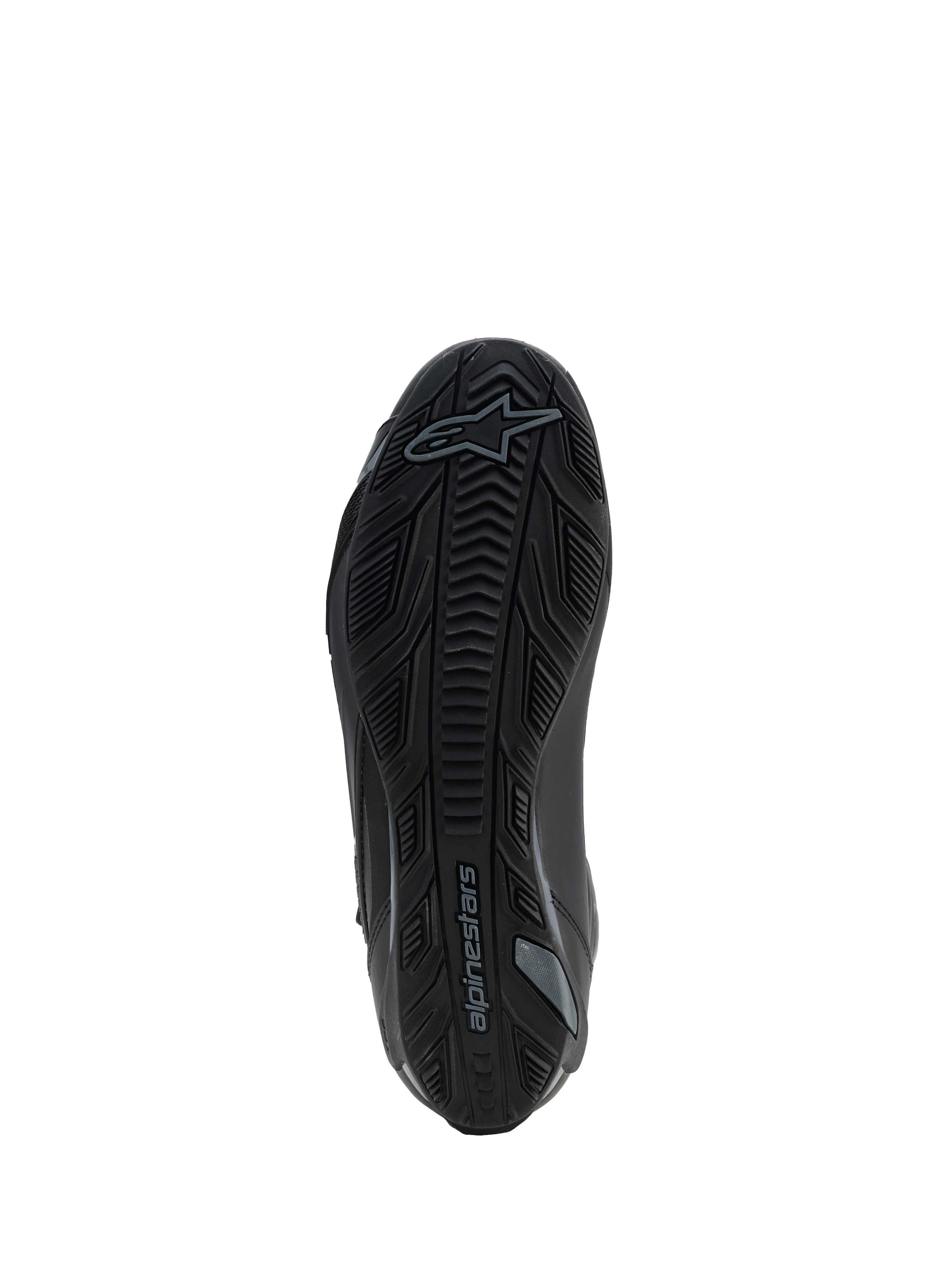 Alpinestars Faster-4 Drystar® schoenen, Black Cool Gray, onderaanzicht van de rubberen zool met textuur, grippatroon en Alpinestars-logo, verstevigd ontwerp voor stabiliteit en tractie