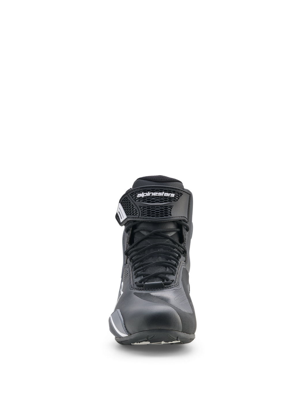 Alpinestars Faster-4 Drystar® schoenen, motorschoenen, zwart, koelgrijs en wit, vooraanzicht met vetersluiting en klittenband enkelband, sportief laag profiel voor weggebruik