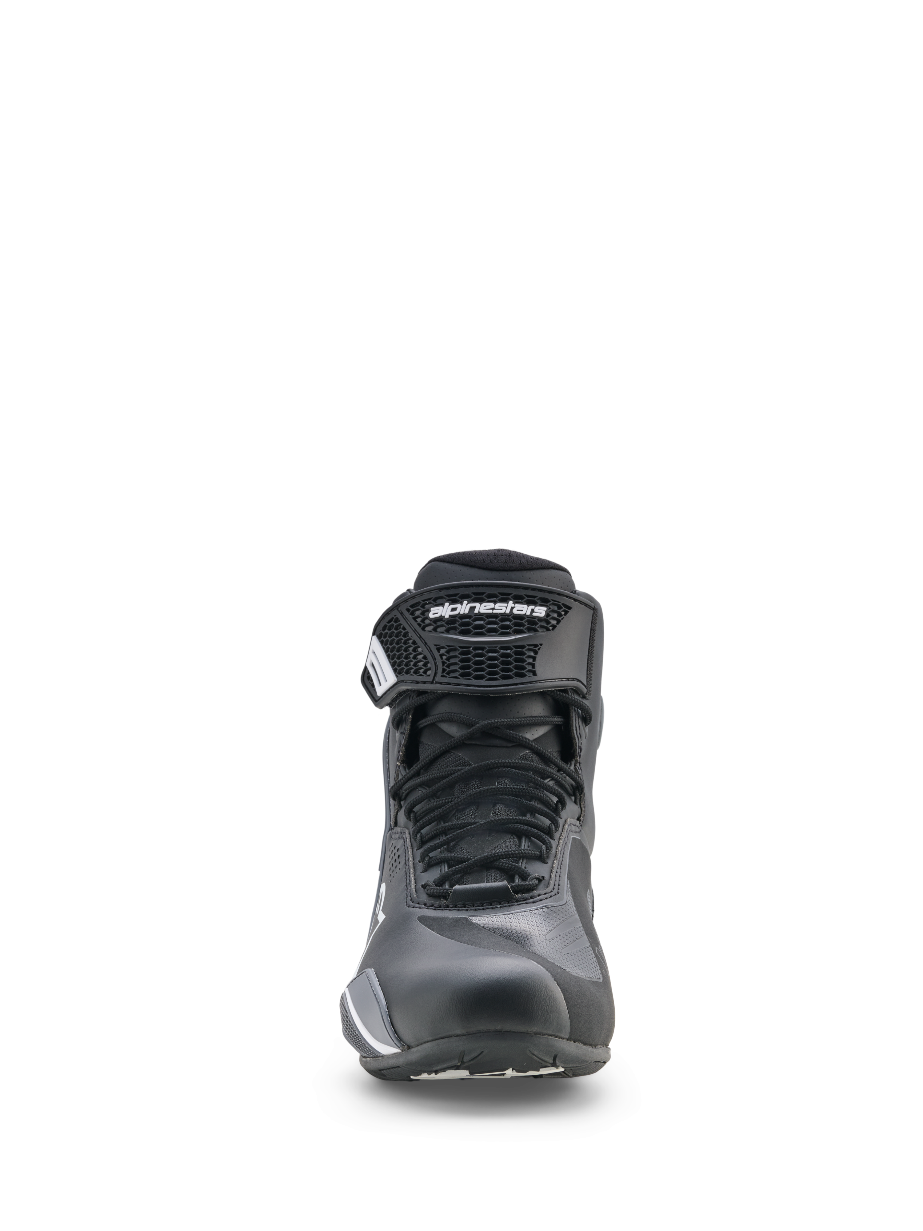 Alpinestars Faster-4 Drystar® schoenen, motorschoenen, zwart, koelgrijs en wit, vooraanzicht met vetersluiting en klittenband enkelband, sportief laag profiel voor weggebruik