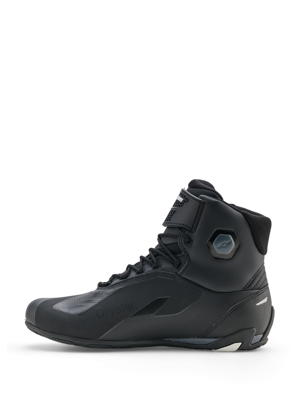 Alpinestars Faster-4 Drystar® schoenen, motorschoenen, zwart cool gray wit, zijaanzicht met waterdichte constructie, vetersluiting met klittenbandstrap en geïntegreerde enkelbescherming.