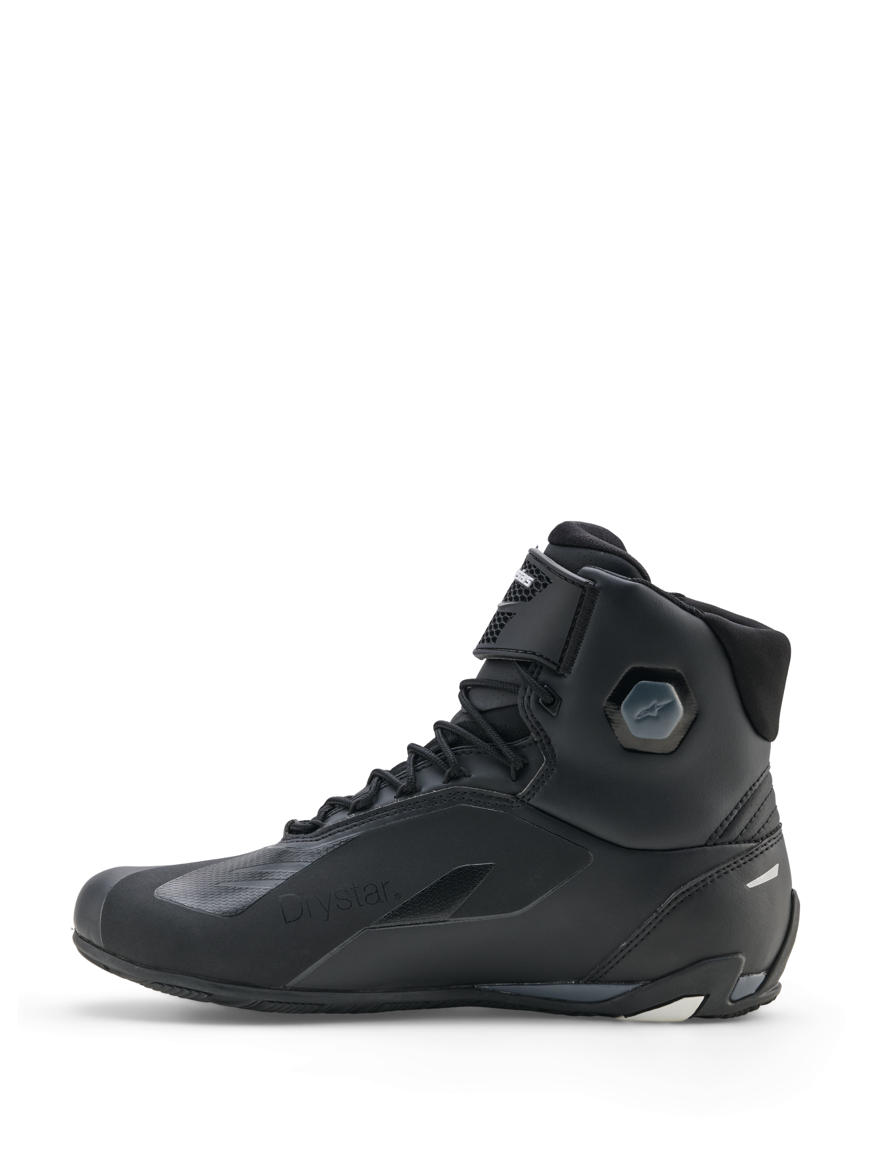 Alpinestars Faster-4 Drystar® schoenen, motorschoenen, zwart cool gray wit, zijaanzicht met waterdichte constructie, vetersluiting met klittenbandstrap en geïntegreerde enkelbescherming.