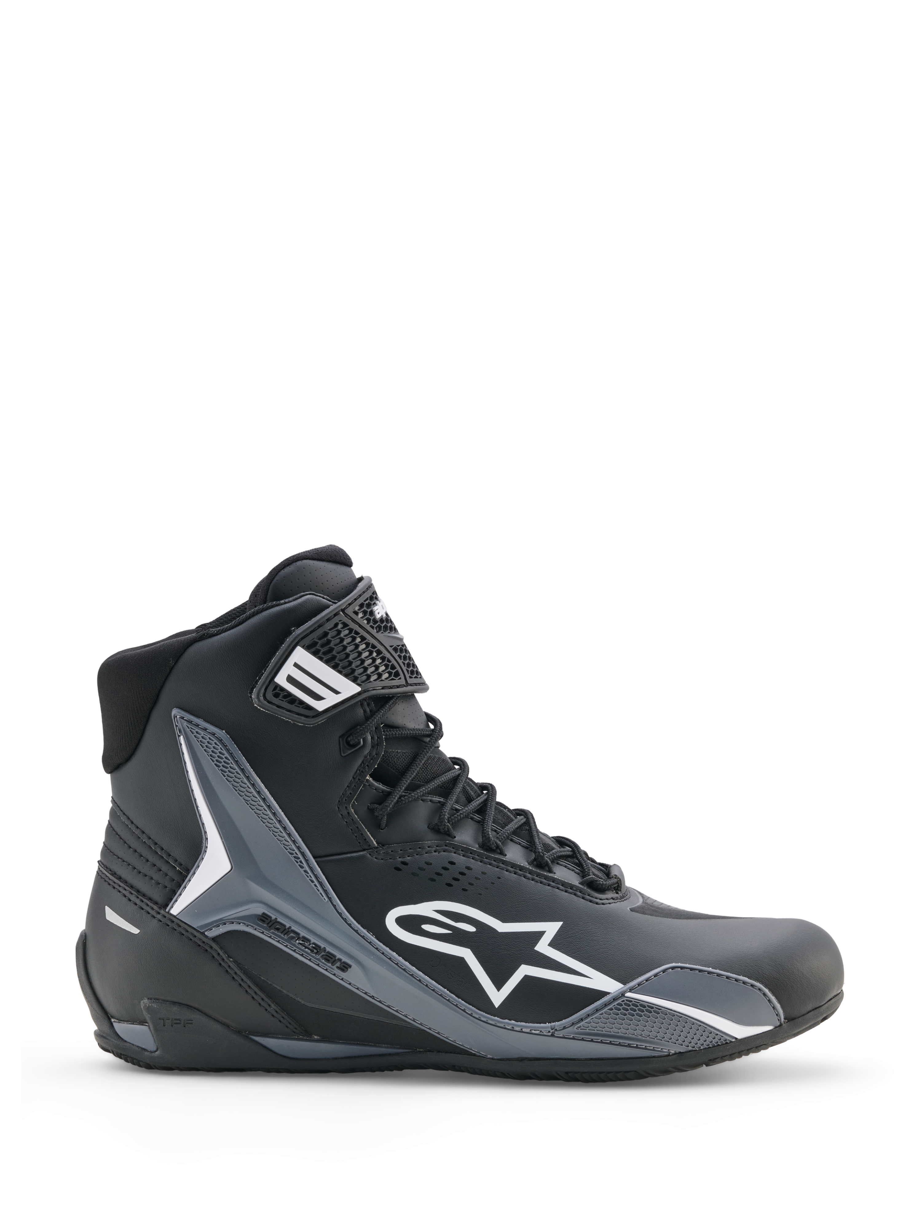Alpinestars Faster-4 Drystar schoenen, motorschoenen, zwart, koel grijs en wit, zijaanzicht met wit Astars-logo, hoog model met versterkte beschermingspanelen, vetersluiting met enkelband, moderne sportieve stijl