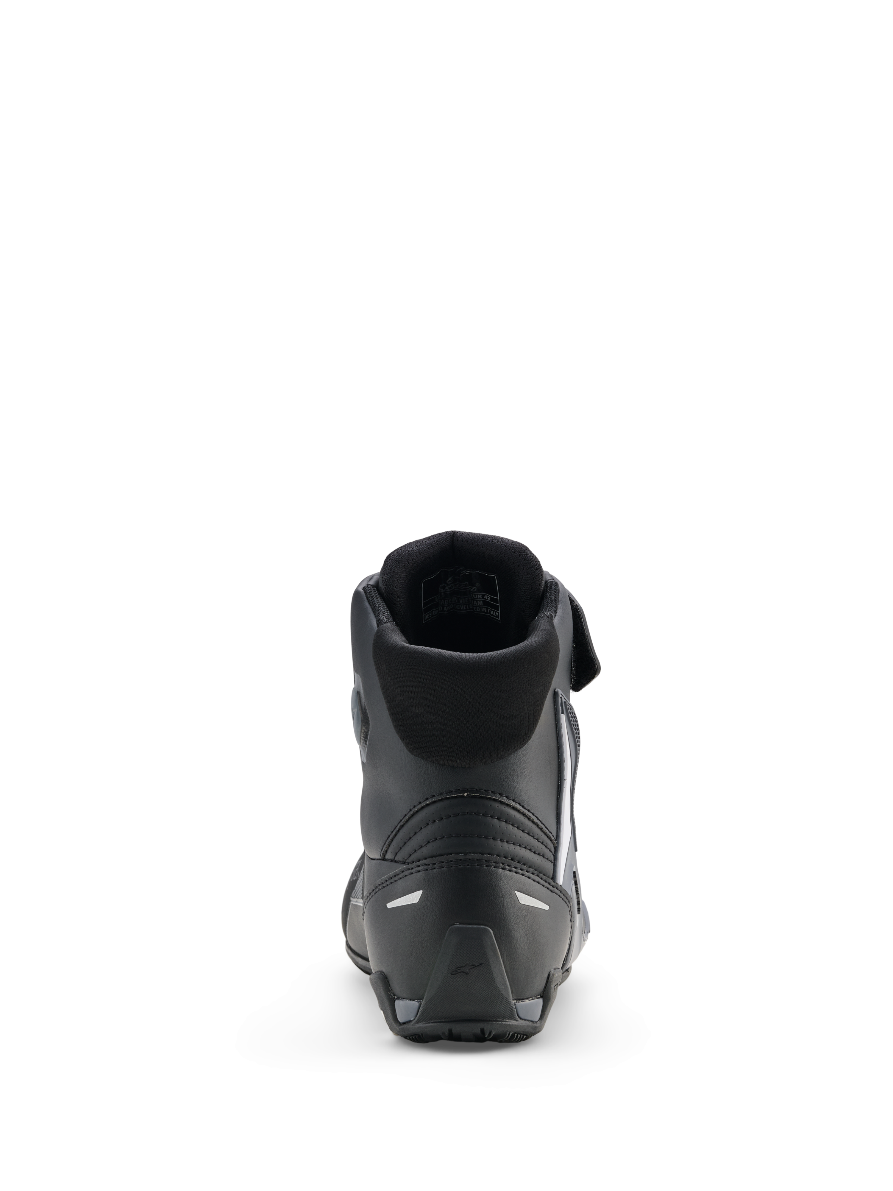 Alpinestars Faster-4 Drystar® schoenen, motorrijschoenen, zwart, koelgrijs en wit, achteraanzicht met gevoerde kraag, versterkte hiel met reflecterende accenten en getextureerde rubberen zool voor sportieve prestaties.