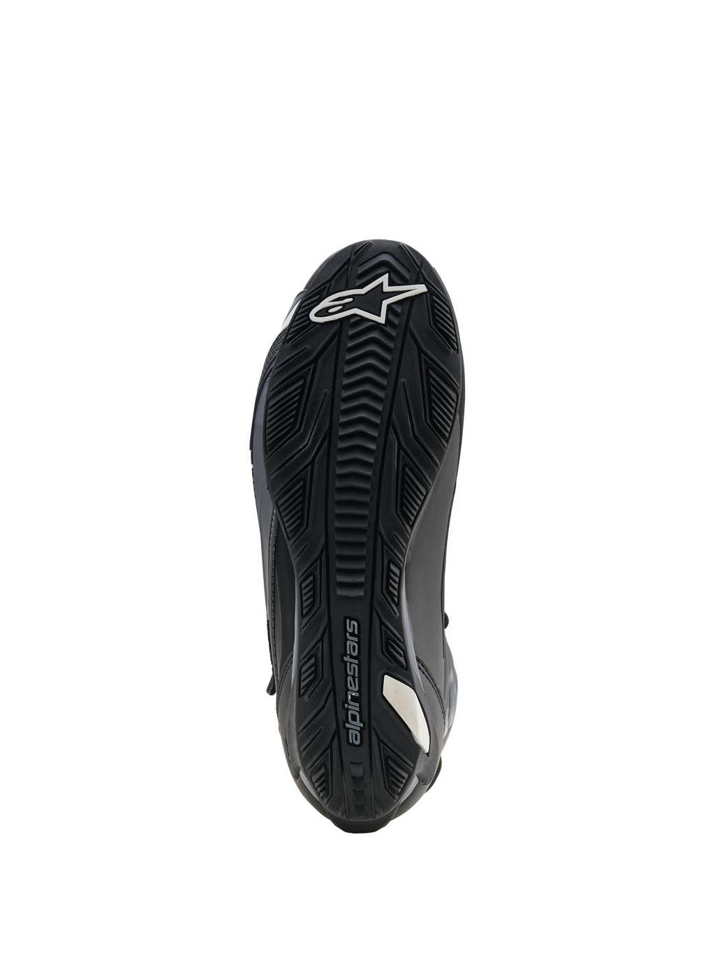 Alpinestars Faster-4 Drystar schoenen, motorrijschoenen, zwart, zicht op de zool met versterkte rubberen buitenzool en getextureerde grip, wit sterlogo bij de neus en Alpinestars-branding, ontworpen voor stabiliteit en grip op de voetsteunen.