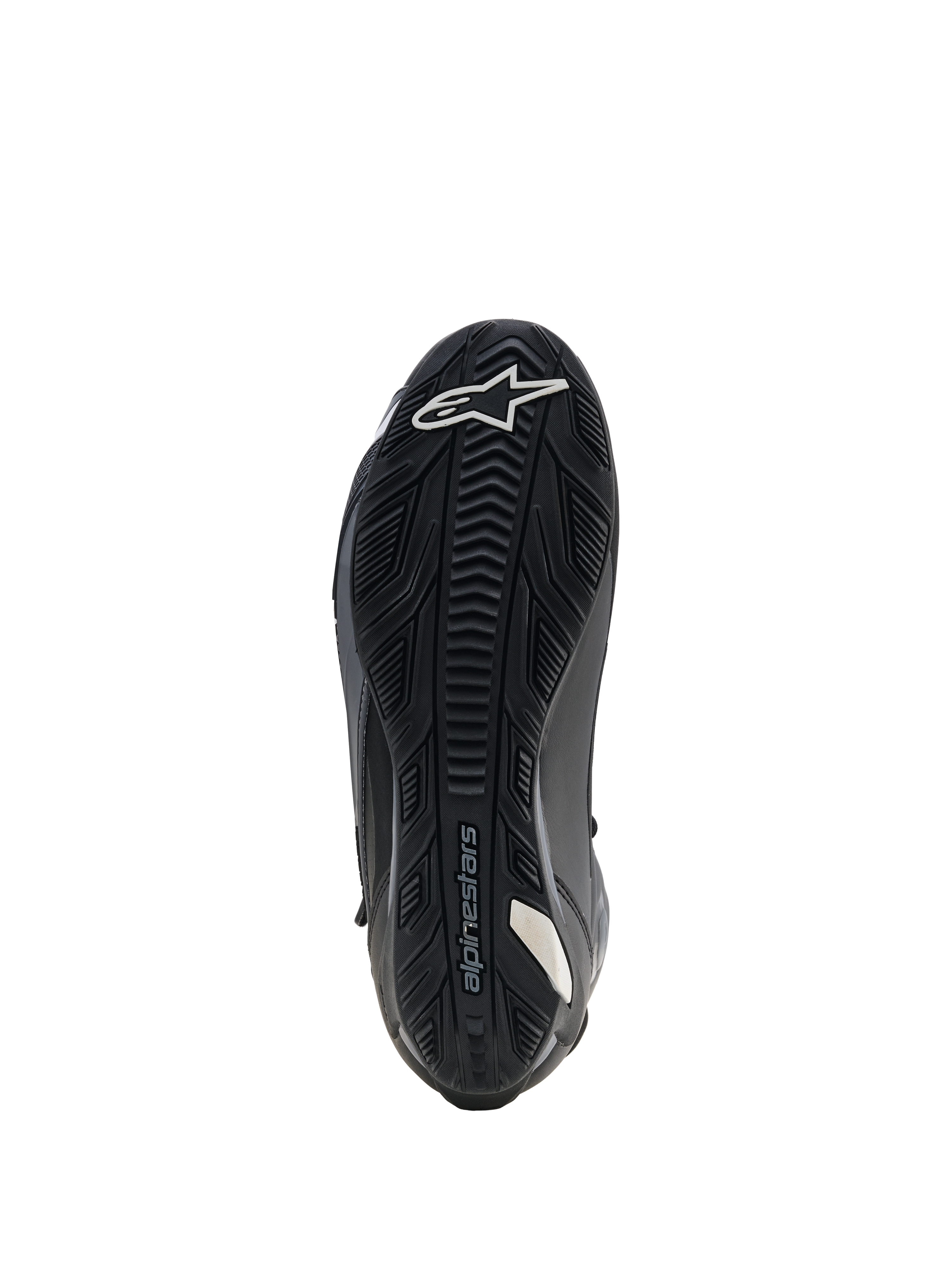 Alpinestars Faster-4 Drystar schoenen, motorrijschoenen, zwart, zicht op de zool met versterkte rubberen buitenzool en getextureerde grip, wit sterlogo bij de neus en Alpinestars-branding, ontworpen voor stabiliteit en grip op de voetsteunen.