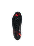 Alpinestars Faster-4 Drystar® Shoes, Outsole View, Black with Red Fluo branding, textured rubber grip sole with Alpinestars logo and wordmark, durable motorcycle riding footwear