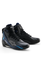 Alpinestars Faster-4 Drystar® Shoes, Waterproof Motorcycle Riding Shoes, Black Night Navy Cyan, featuring white Alpinestars logos and cyan blue accents, sports-oriented design with lace-up and hook-and-loop closure