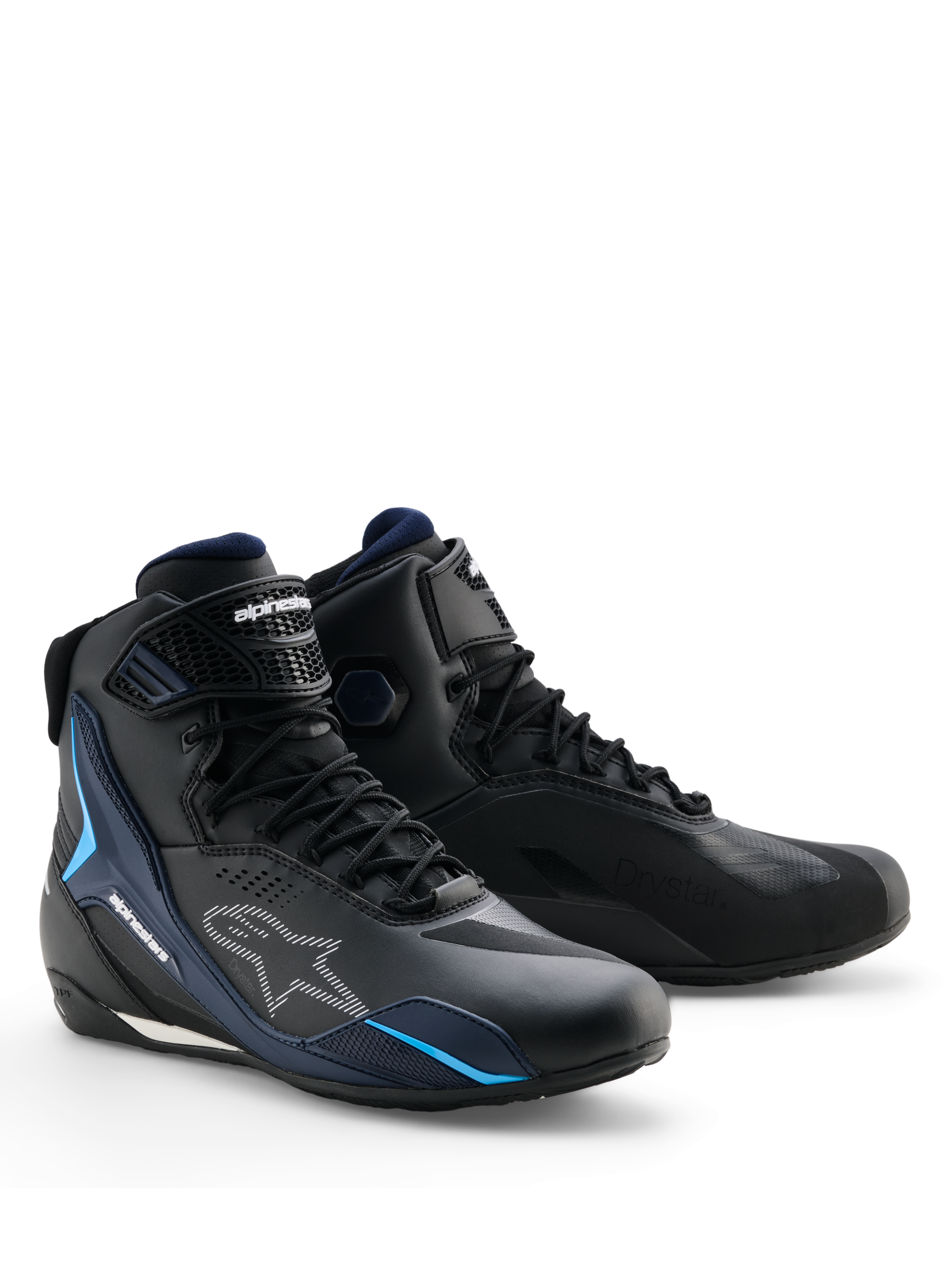 Alpinestars Faster-4 Drystar® Shoes, Waterproof Motorcycle Riding Shoes, Black Night Navy Cyan, featuring white Alpinestars logos and cyan blue accents, sports-oriented design with lace-up and hook-and-loop closure