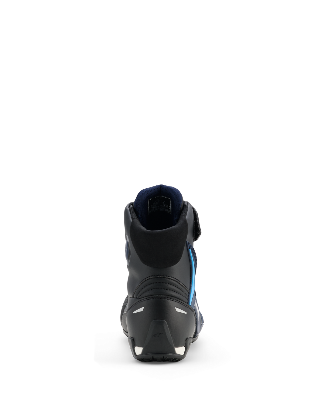Alpinestars Faster-4 Drystar® Shoes, Motorcycle Riding Shoes, Black Night Navy Cyan, rear view highlighting reinforced heel and ankle structure, navy blue interior lining, reflective details, sleek athletic design for road performance