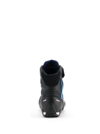 Alpinestars Faster-4 Drystar® Shoes, Motorcycle Riding Shoes, Black Night Navy Cyan, rear view highlighting reinforced heel and ankle structure, navy blue interior lining, reflective details, sleek athletic design for road performance