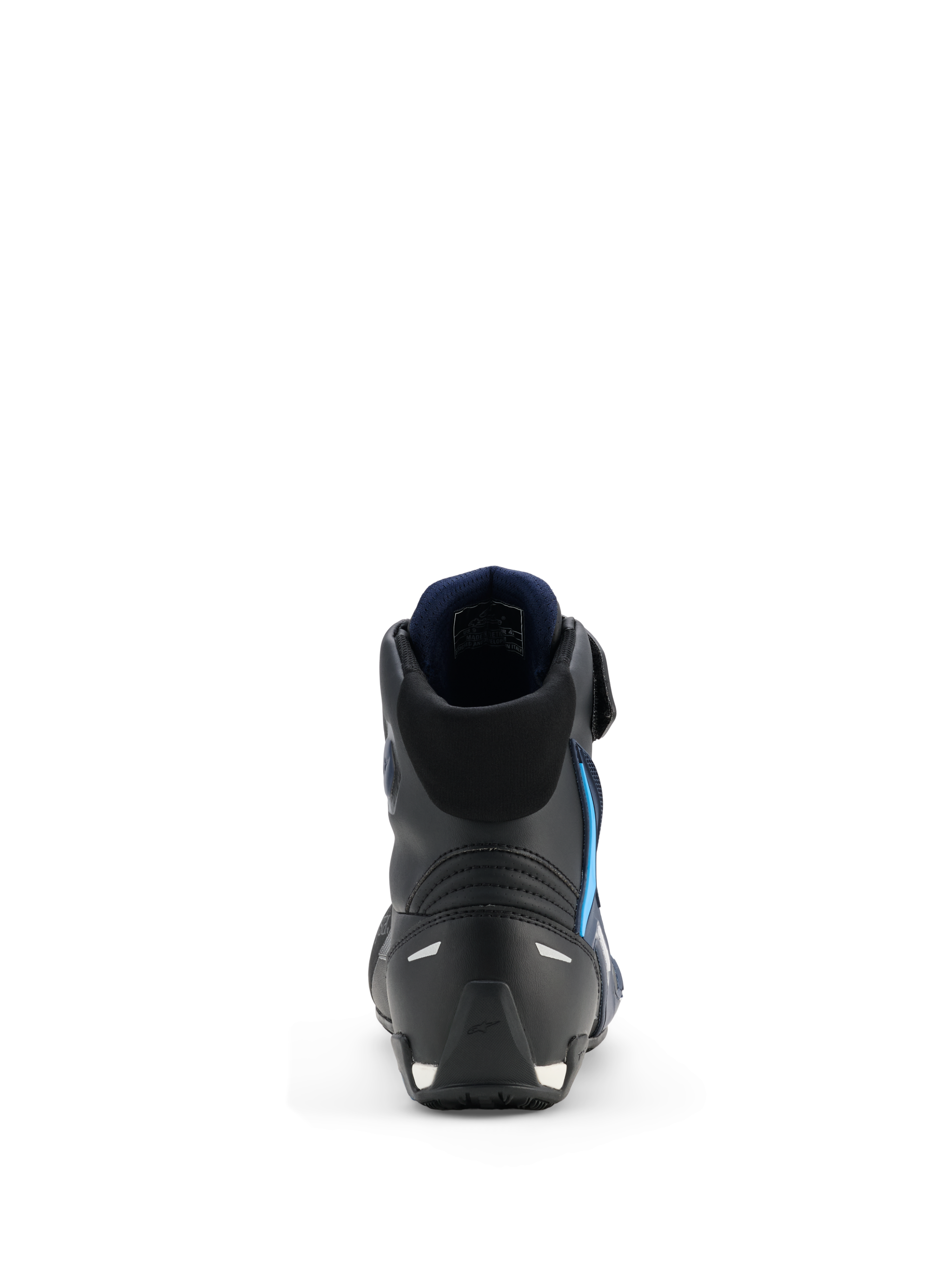 Alpinestars Faster-4 Drystar® Shoes, Motorcycle Riding Shoes, Black Night Navy Cyan, rear view highlighting reinforced heel and ankle structure, navy blue interior lining, reflective details, sleek athletic design for road performance