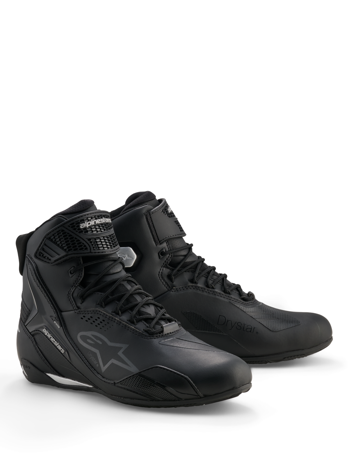 Alpinestars Stella Faster-4 Drystar® schoenen, waterdichte motorrijschoenen voor dames, zwart en zilver, bovenwerk van microvezel met vetersluiting en enkelband, beschermende TPU-verstevigingen en Alpinestars-logo's