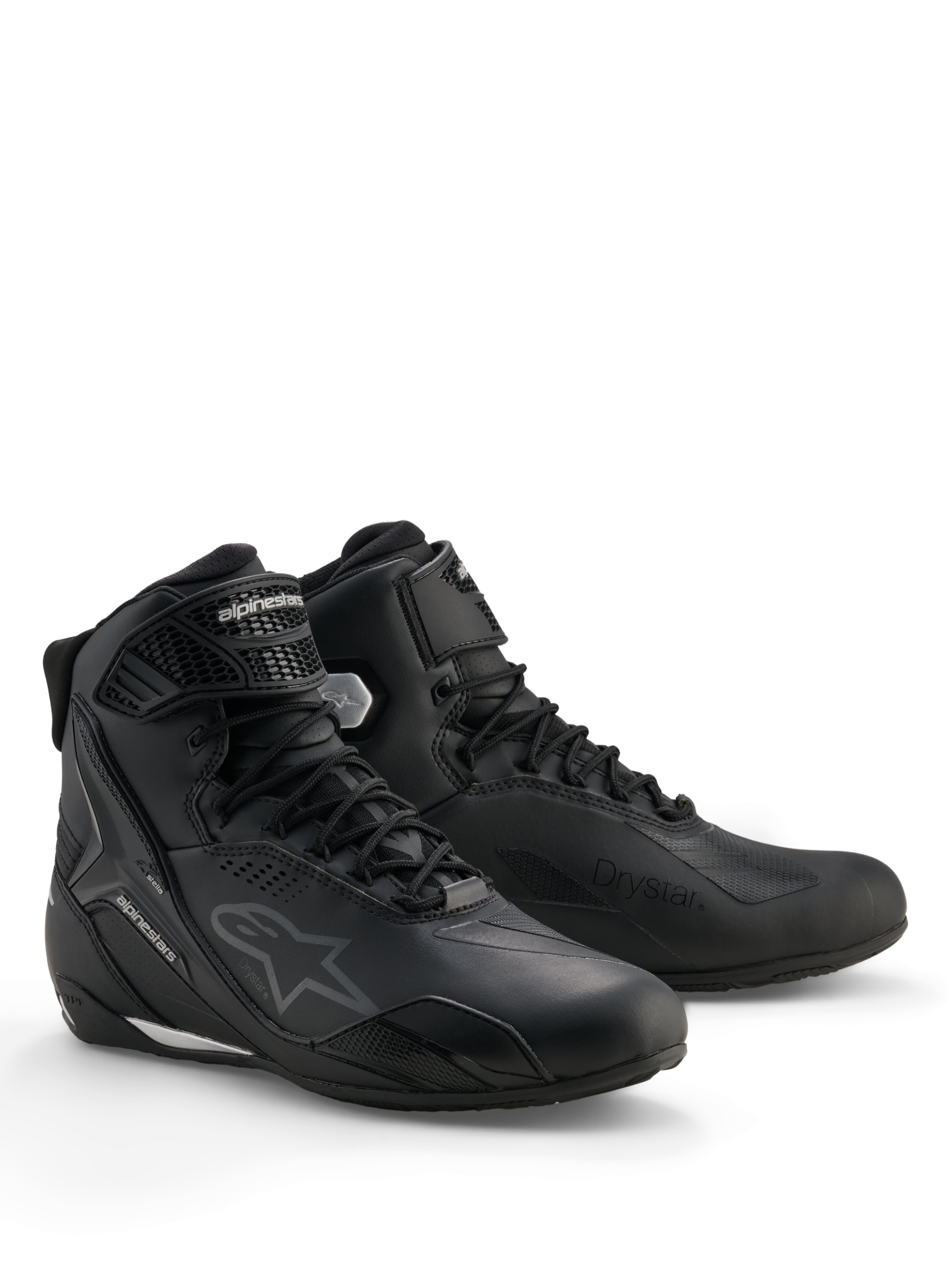 Alpinestars Stella Faster-4 Drystar® schoenen, waterdichte motorrijschoenen voor dames, zwart en zilver, bovenwerk van microvezel met vetersluiting en enkelband, beschermende TPU-verstevigingen en Alpinestars-logo's