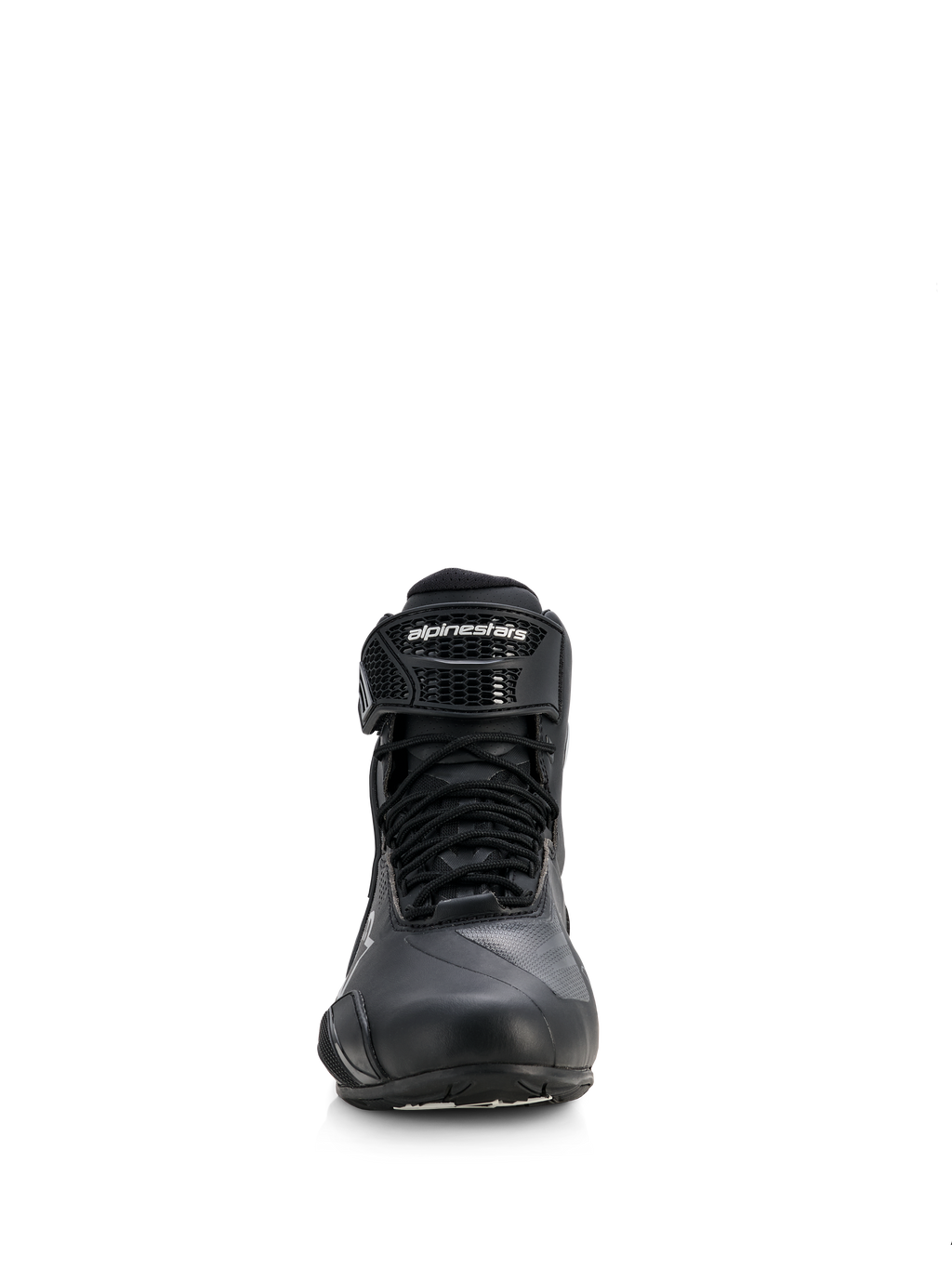 Alpinestars Stella Faster-4 Drystar® damesschoenen, motorschoenen, zwart met zilveren accenten, vooraanzicht met vetersluiting en enkelband met klittenband en merklogo, gestroomlijnd waterdicht ontwerp voor sport- en weggebruik