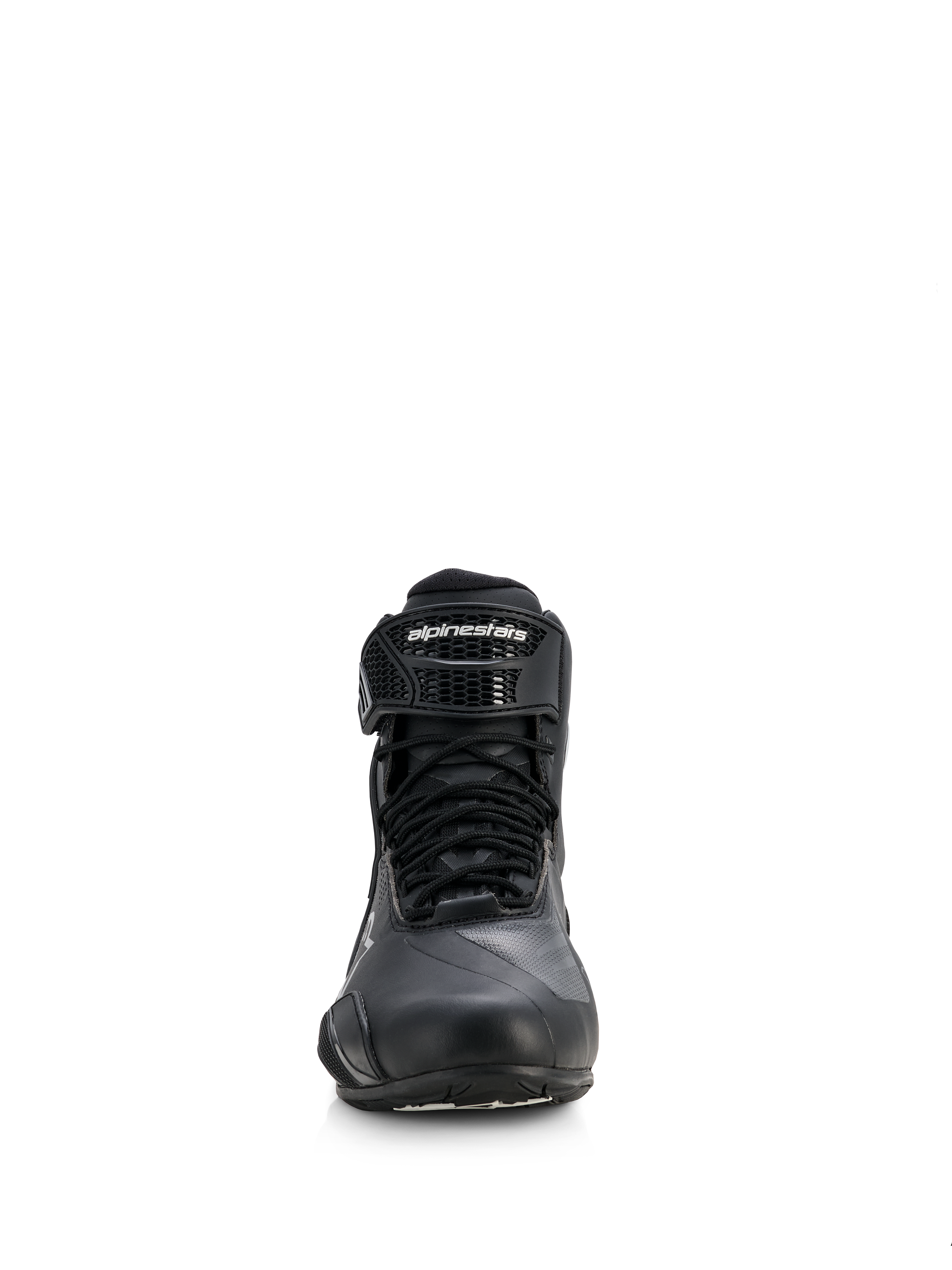 Alpinestars Stella Faster-4 Drystar® damesschoenen, motorschoenen, zwart met zilveren accenten, vooraanzicht met vetersluiting en enkelband met klittenband en merklogo, gestroomlijnd waterdicht ontwerp voor sport- en weggebruik