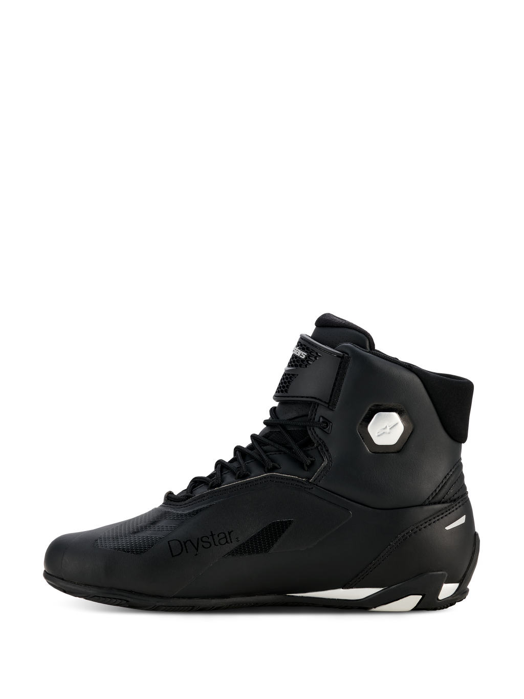 Alpinestars Stella Faster-4 Drystar® damesschoenen, zwart en zilver, zijaanzicht, waterdichte motorrijschoenen met bovenwerk van microvezel, vetersluiting en klittenband, voorzien van Drystar-logo en zilveren enkellogo.