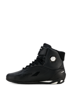 Alpinestars Stella Faster-4 Drystar® damesschoenen, zwart en zilver, zijaanzicht, waterdichte motorrijschoenen met bovenwerk van microvezel, vetersluiting en klittenband, voorzien van Drystar-logo en zilveren enkellogo.