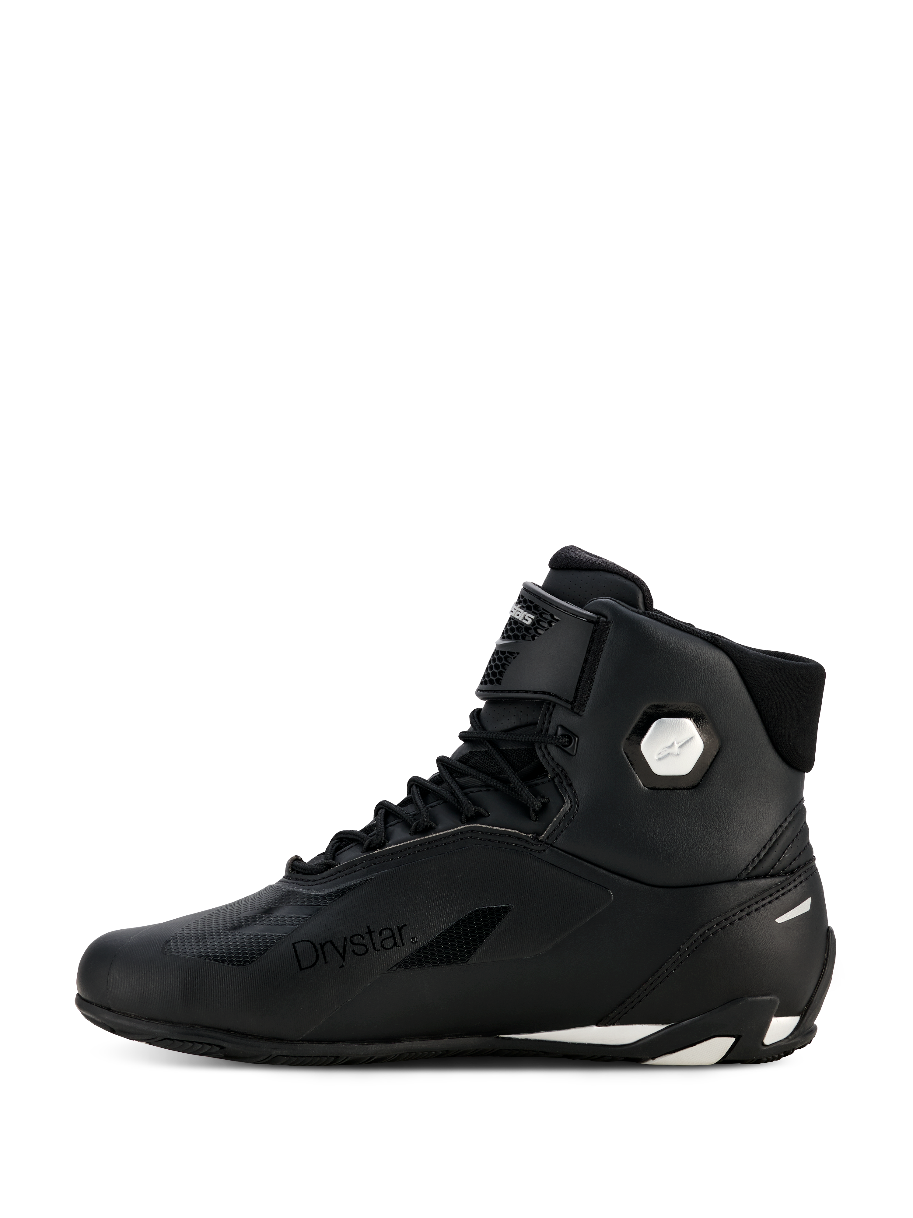 Alpinestars Stella Faster-4 Drystar® damesschoenen, zwart en zilver, zijaanzicht, waterdichte motorrijschoenen met bovenwerk van microvezel, vetersluiting en klittenband, voorzien van Drystar-logo en zilveren enkellogo.