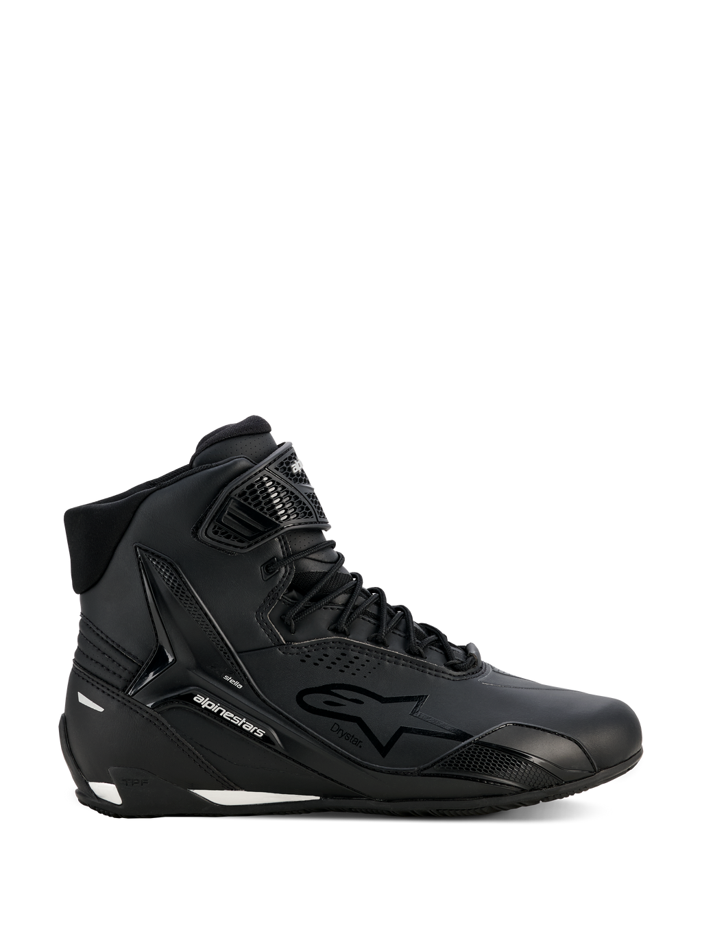 Alpinestars Stella Faster-4 Drystar schoenen, motorschoenen voor dames, zwart en zilver, hoog model, vetersluiting met klittenband enkelband, naadloos microvezel bovenwerk, waterdichte technologie, witte accenten op de zool en hiel