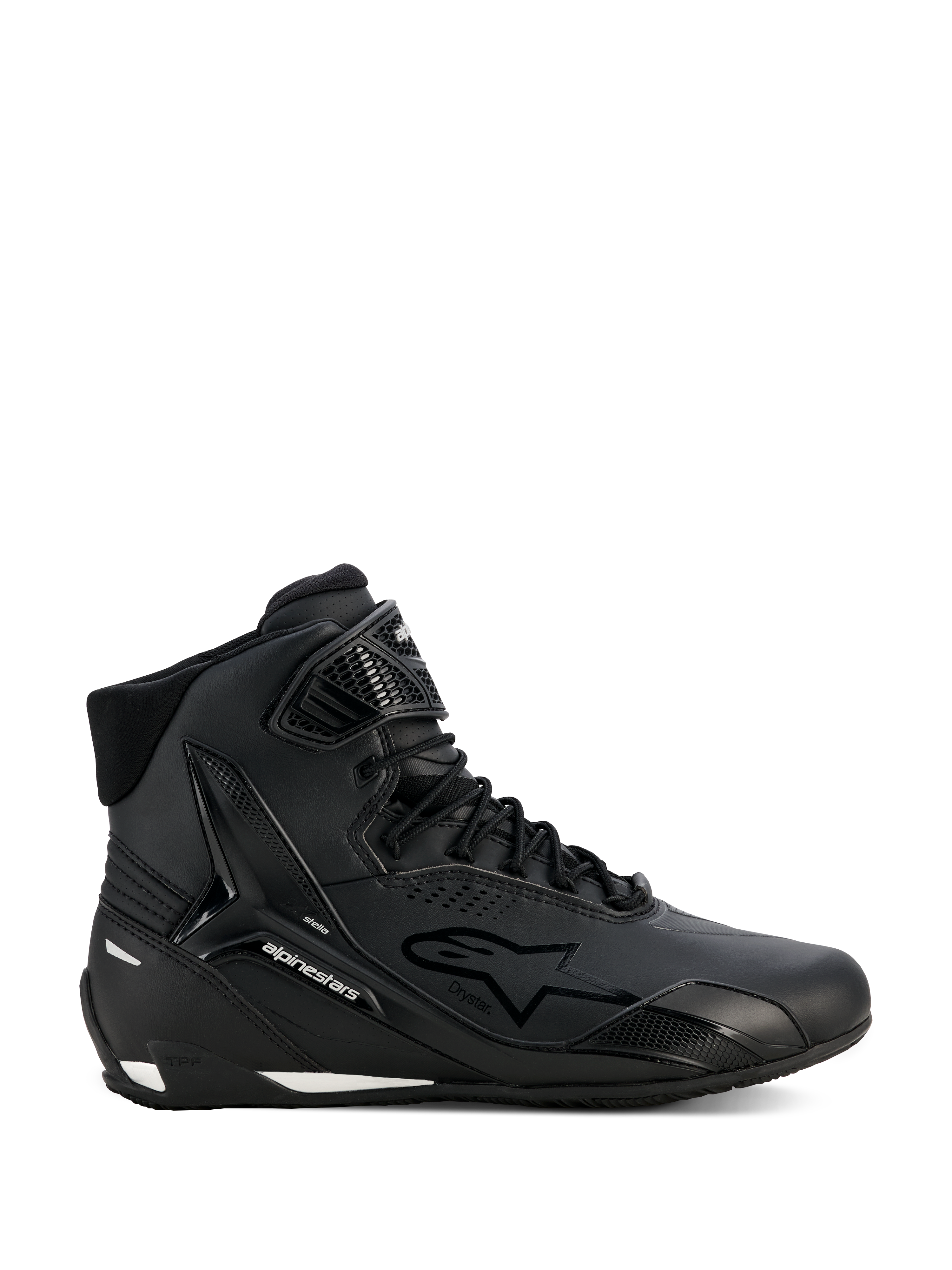 Alpinestars Stella Faster-4 Drystar schoenen, motorschoenen voor dames, zwart en zilver, hoog model, vetersluiting met klittenband enkelband, naadloos microvezel bovenwerk, waterdichte technologie, witte accenten op de zool en hiel