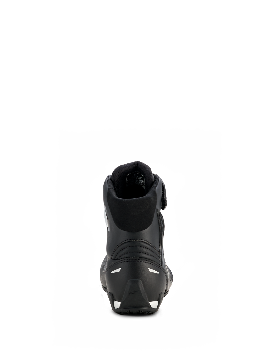 Alpinestars Stella Faster-4 Drystar® damesschoenen, zwart en zilver, achteraanzicht met versterkte hiel met zilveren accenten, gevoerde kraag en waterdicht microvezelontwerp