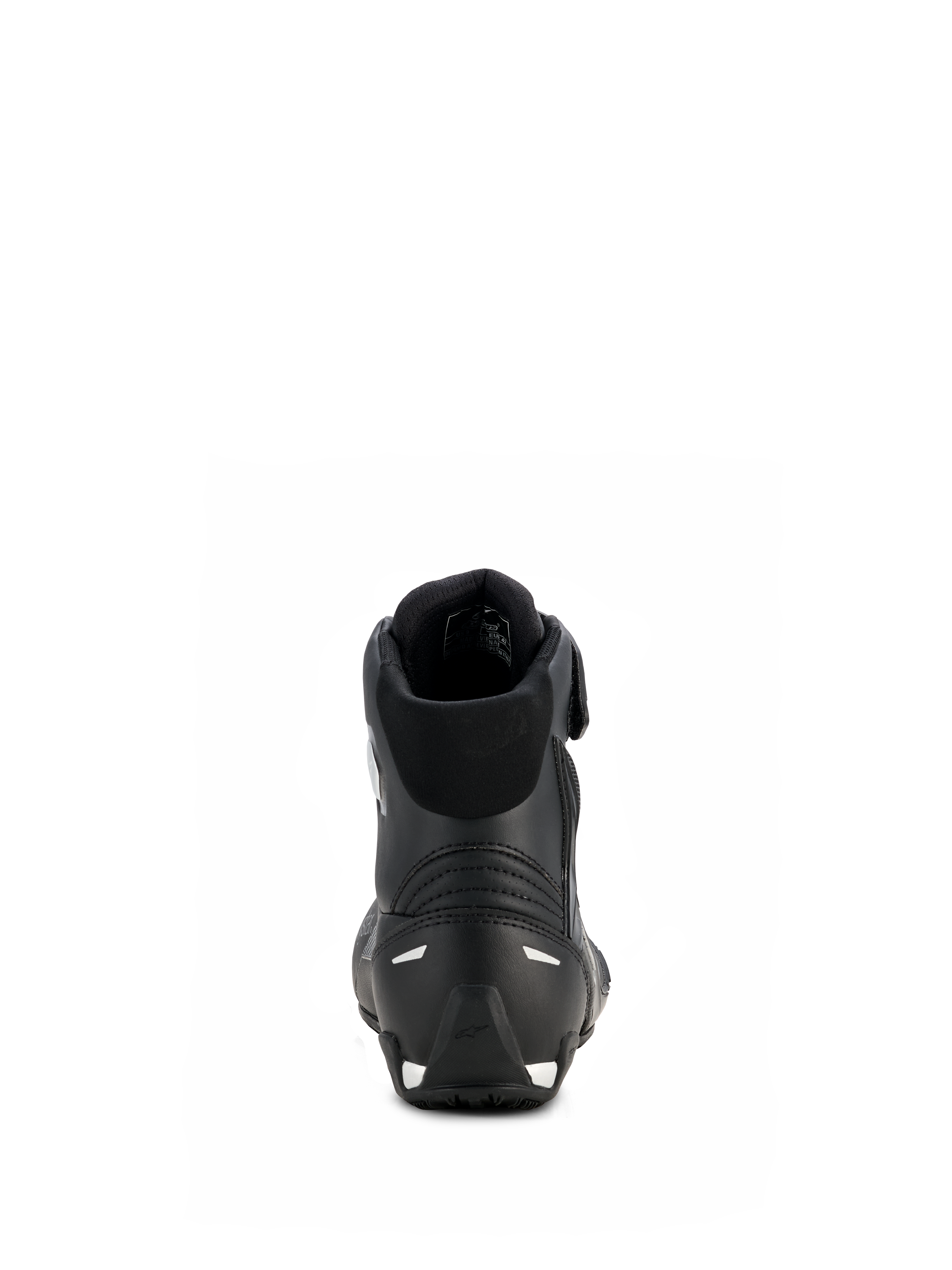 Alpinestars Stella Faster-4 Drystar® damesschoenen, zwart en zilver, achteraanzicht met versterkte hiel met zilveren accenten, gevoerde kraag en waterdicht microvezelontwerp