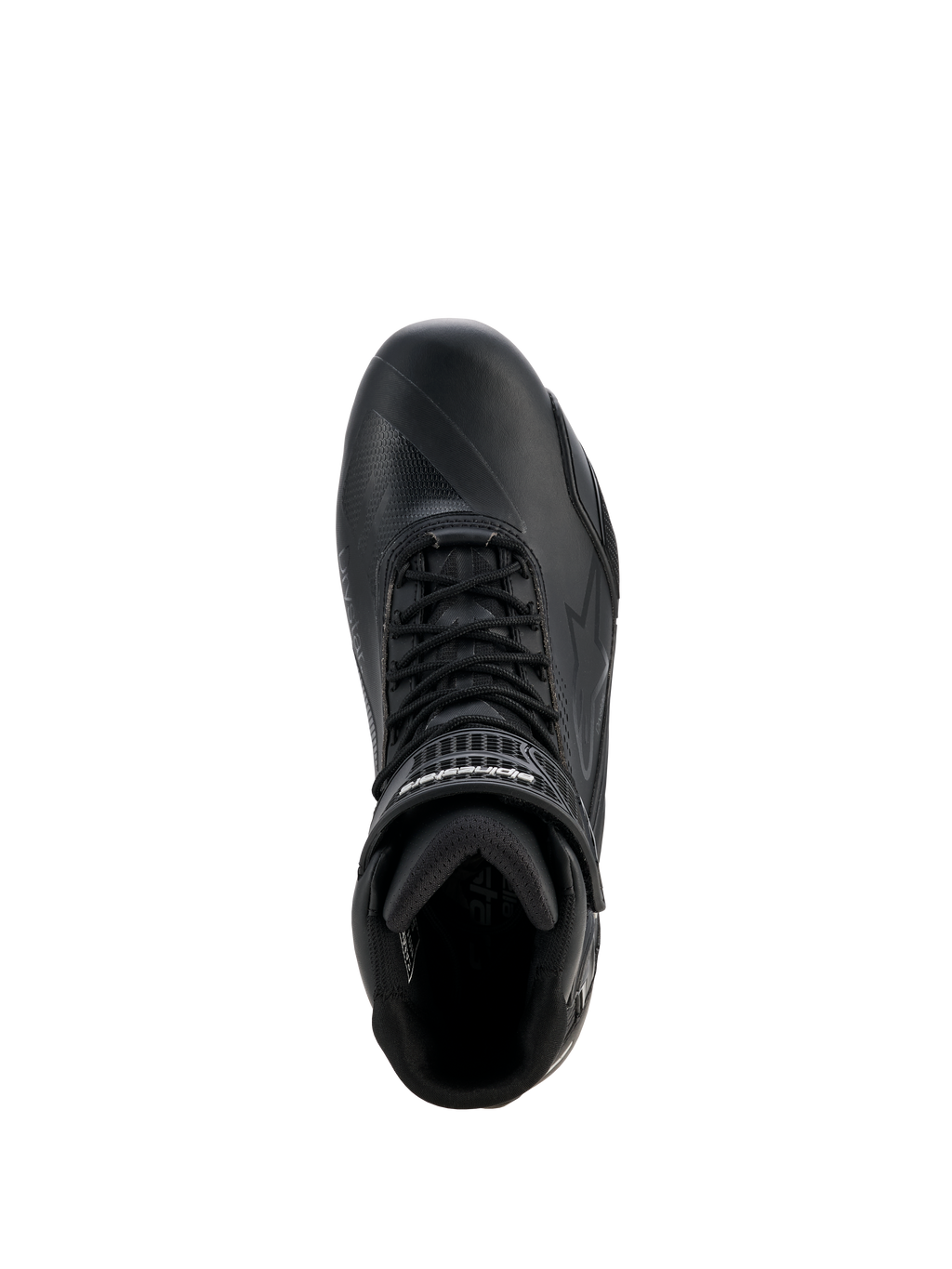 Alpinestars Stella Faster-4 Drystar® damesschoenen, motorrijschoenen voor dames, zwart en zilver, bovenaanzicht met vetersluiting, klittenband enkelband en waterdichte microvezelconstructie