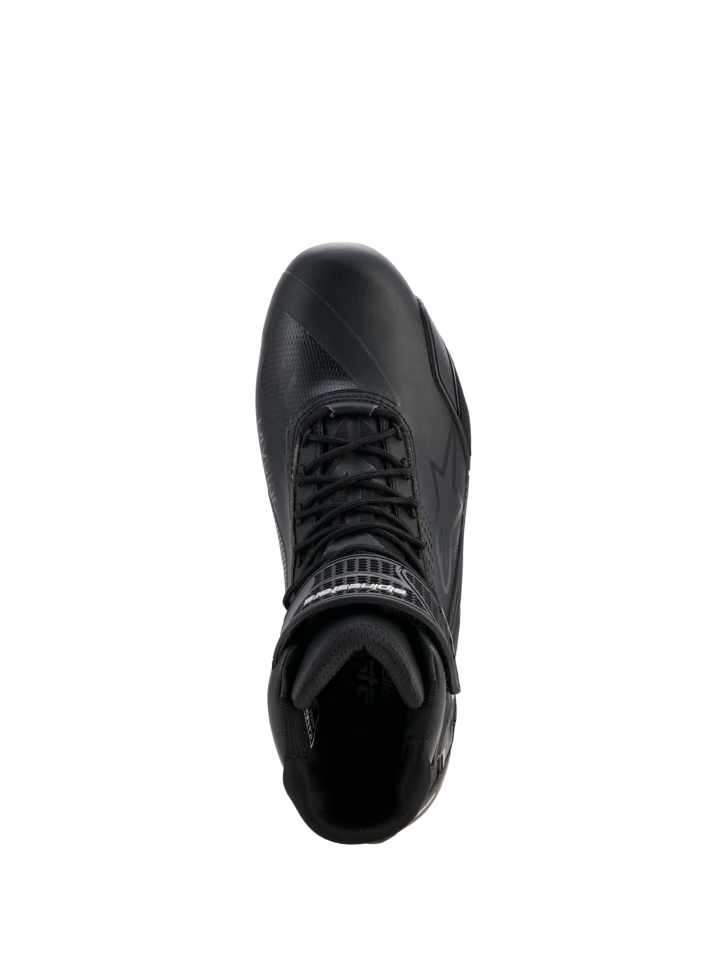 Alpinestars Stella Faster-4 Drystar® damesschoenen, motorrijschoenen voor dames, zwart en zilver, bovenaanzicht met vetersluiting, klittenband enkelband en waterdichte microvezelconstructie